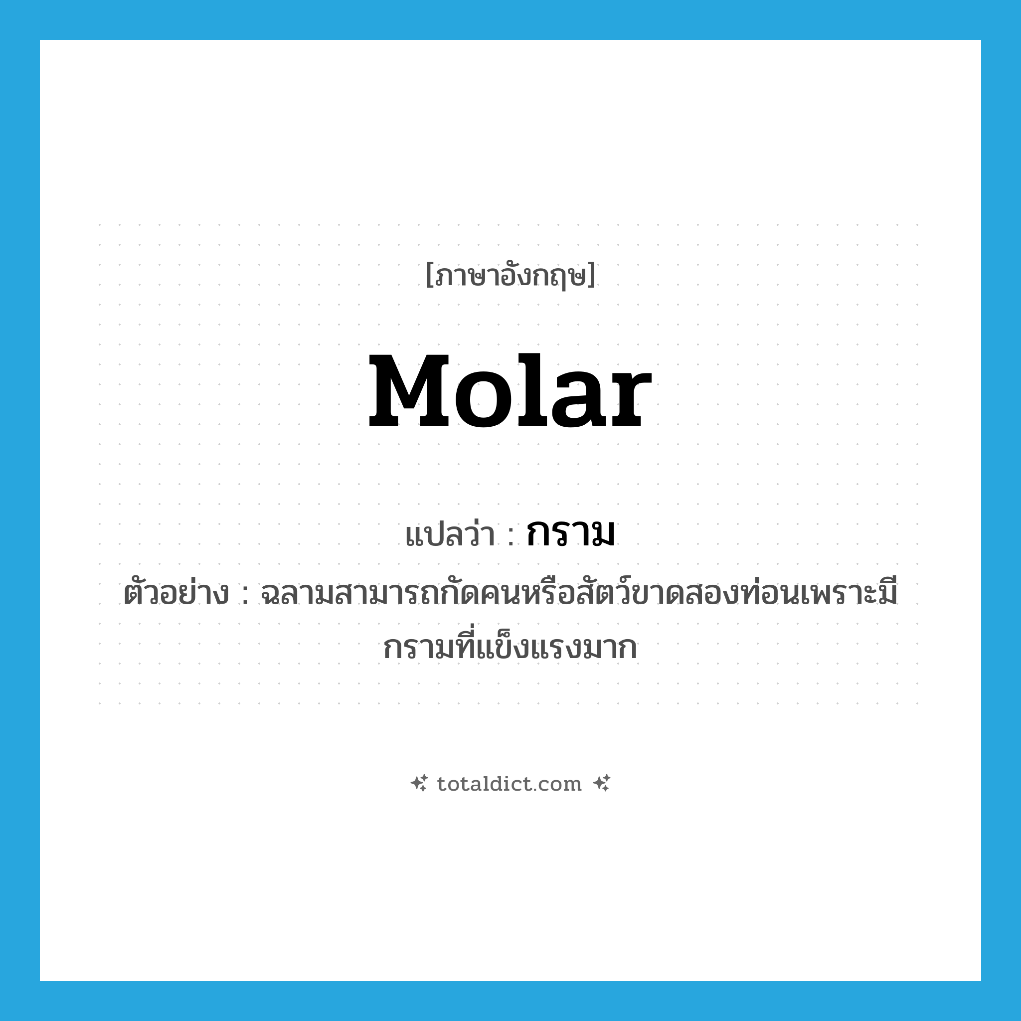 molar แปลว่า?, คำศัพท์ภาษาอังกฤษ molar แปลว่า กราม ประเภท N ตัวอย่าง ฉลามสามารถกัดคนหรือสัตว์ขาดสองท่อนเพราะมีกรามที่แข็งแรงมาก หมวด N