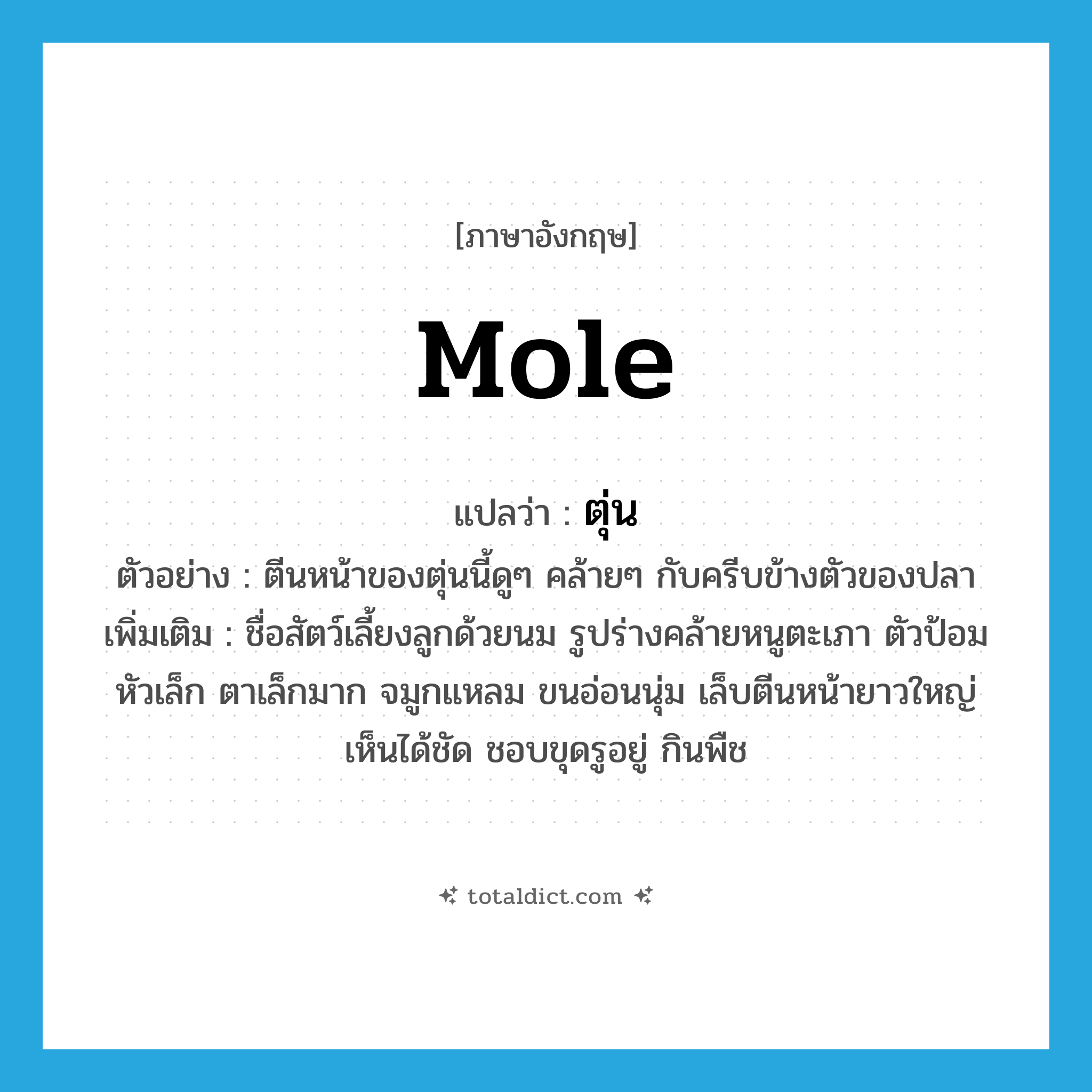 ตุ่น ภาษาอังกฤษ?, คำศัพท์ภาษาอังกฤษ ตุ่น แปลว่า mole ประเภท N ตัวอย่าง ตีนหน้าของตุ่นนี้ดูๆ คล้ายๆ กับครีบข้างตัวของปลา เพิ่มเติม ชื่อสัตว์เลี้ยงลูกด้วยนม รูปร่างคล้ายหนูตะเภา ตัวป้อม หัวเล็ก ตาเล็กมาก จมูกแหลม ขนอ่อนนุ่ม เล็บตีนหน้ายาวใหญ่เห็นได้ชัด ชอบขุดรูอยู่ กินพืช หมวด N