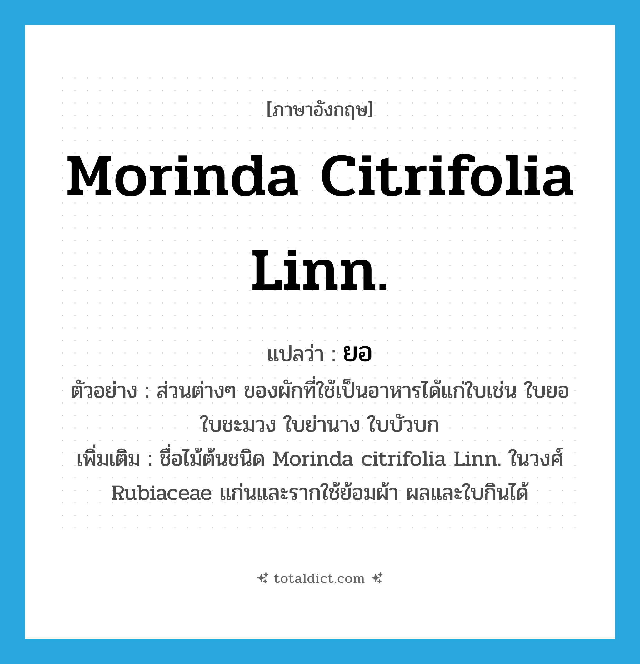 Morinda citrifolia Linn. แปลว่า?, คำศัพท์ภาษาอังกฤษ Morinda citrifolia Linn. แปลว่า ยอ ประเภท N ตัวอย่าง ส่วนต่างๆ ของผักที่ใช้เป็นอาหารได้แก่ใบเช่น ใบยอ ใบชะมวง ใบย่านาง ใบบัวบก เพิ่มเติม ชื่อไม้ต้นชนิด Morinda citrifolia Linn. ในวงศ์ Rubiaceae แก่นและรากใช้ย้อมผ้า ผลและใบกินได้ หมวด N