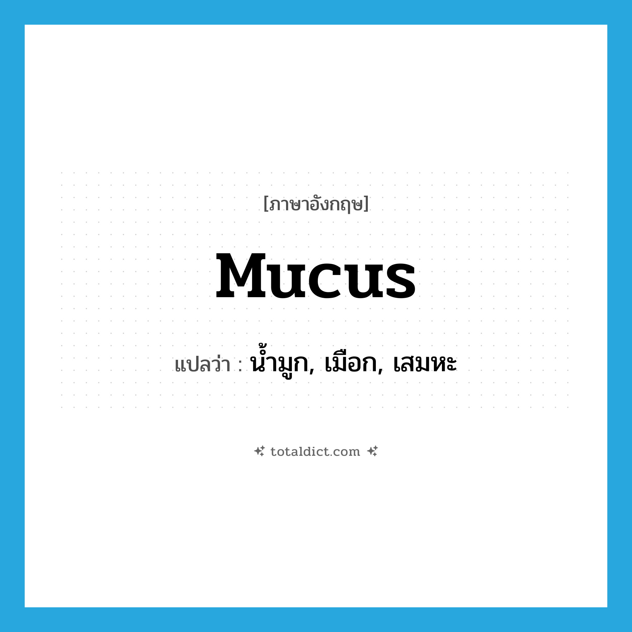 mucus แปลว่า?, คำศัพท์ภาษาอังกฤษ mucus แปลว่า น้ำมูก, เมือก, เสมหะ ประเภท N หมวด N