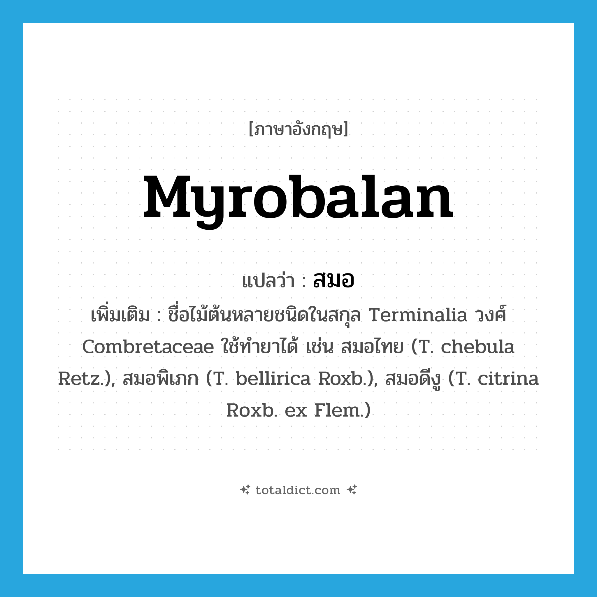 สมอ ภาษาอังกฤษ?, คำศัพท์ภาษาอังกฤษ สมอ แปลว่า myrobalan ประเภท N เพิ่มเติม ชื่อไม้ต้นหลายชนิดในสกุล Terminalia วงศ์ Combretaceae ใช้ทำยาได้ เช่น สมอไทย (T. chebula Retz.), สมอพิเภก (T. bellirica Roxb.), สมอดีงู (T. citrina Roxb. ex Flem.) หมวด N