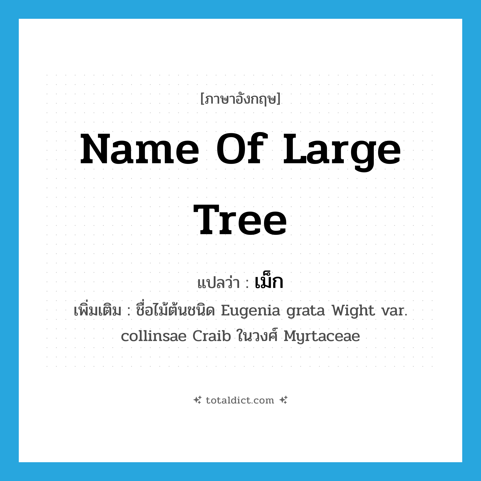 name of large tree แปลว่า?, คำศัพท์ภาษาอังกฤษ name of large tree แปลว่า เม็ก ประเภท N เพิ่มเติม ชื่อไม้ต้นชนิด Eugenia grata Wight var. collinsae Craib ในวงศ์ Myrtaceae หมวด N