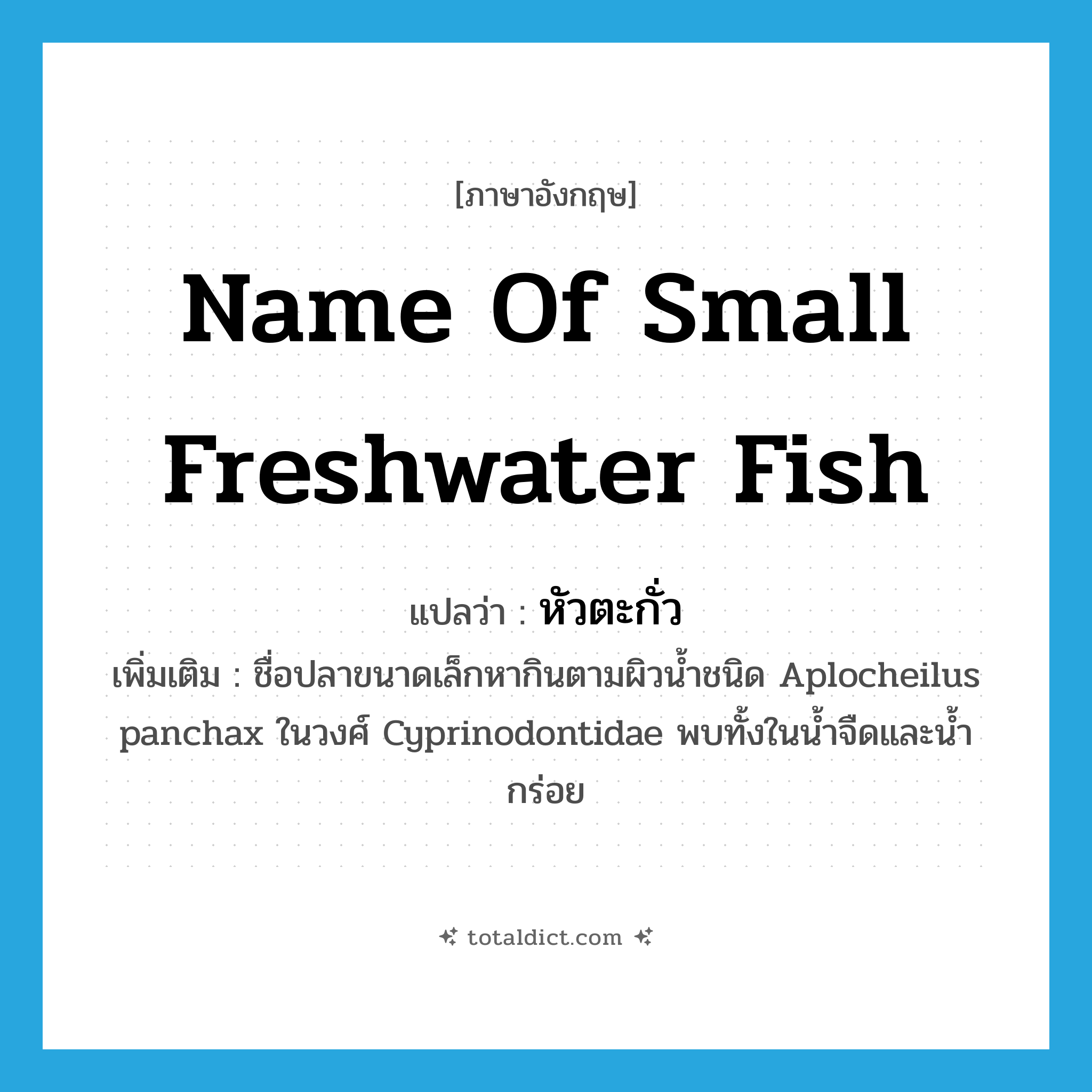 name of small freshwater fish แปลว่า?, คำศัพท์ภาษาอังกฤษ name of small freshwater fish แปลว่า หัวตะกั่ว ประเภท N เพิ่มเติม ชื่อปลาขนาดเล็กหากินตามผิวน้ำชนิด Aplocheilus panchax ในวงศ์ Cyprinodontidae พบทั้งในน้ำจืดและน้ำกร่อย หมวด N