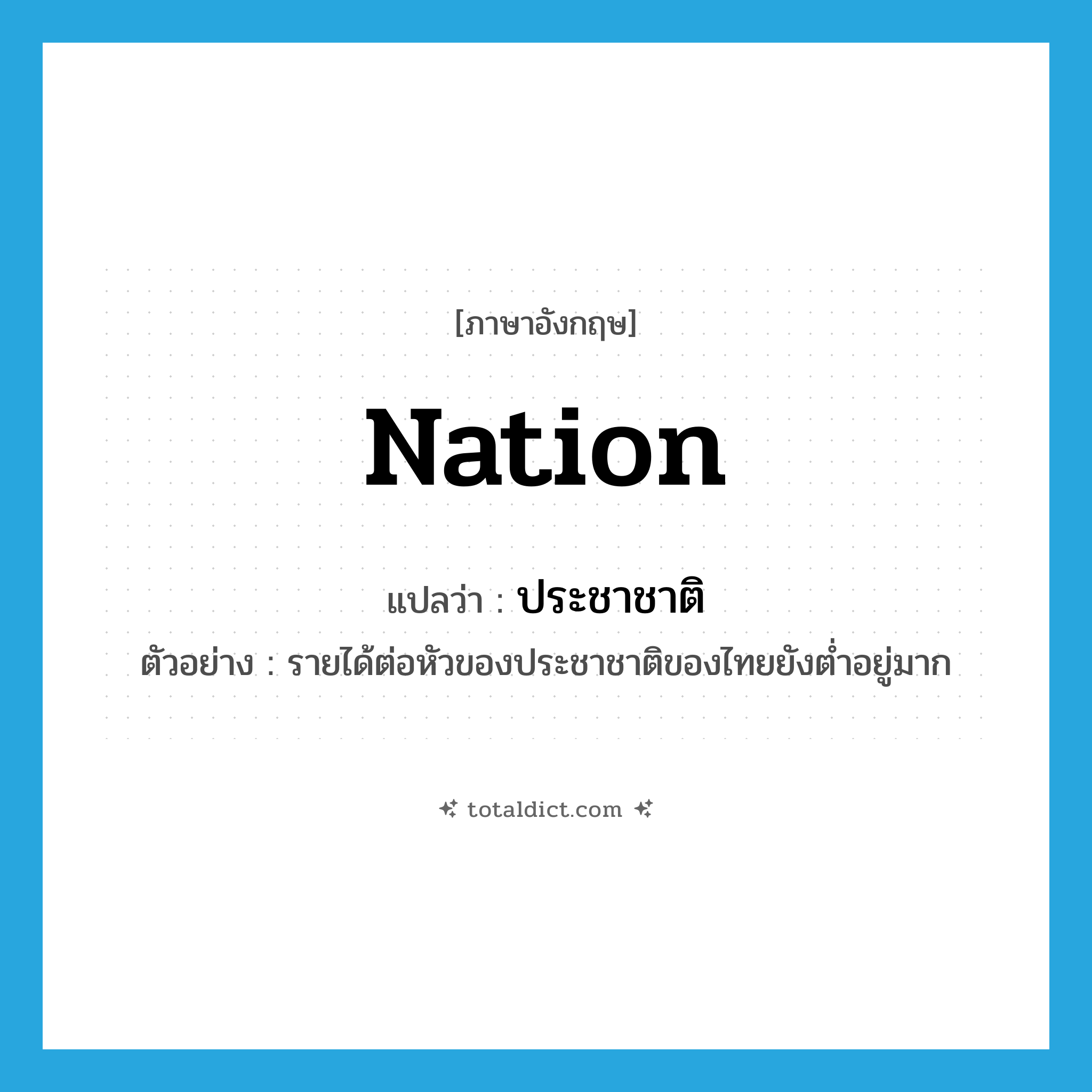 nation แปลว่า?, คำศัพท์ภาษาอังกฤษ nation แปลว่า ประชาชาติ ประเภท N ตัวอย่าง รายได้ต่อหัวของประชาชาติของไทยยังต่ำอยู่มาก หมวด N
