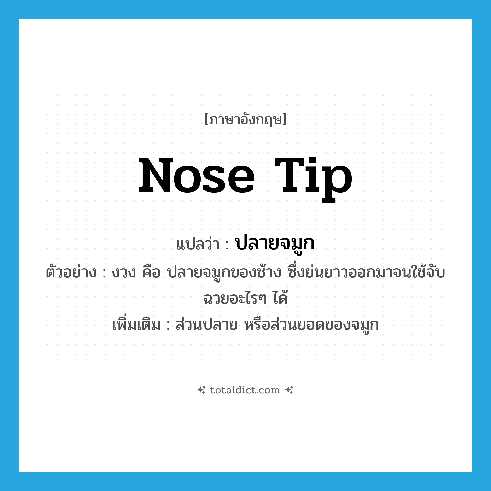 nose tip แปลว่า?, คำศัพท์ภาษาอังกฤษ nose tip แปลว่า ปลายจมูก ประเภท N ตัวอย่าง งวง คือ ปลายจมูกของช้าง ซึ่งย่นยาวออกมาจนใช้จับฉวยอะไรๆ ได้ เพิ่มเติม ส่วนปลาย หรือส่วนยอดของจมูก หมวด N