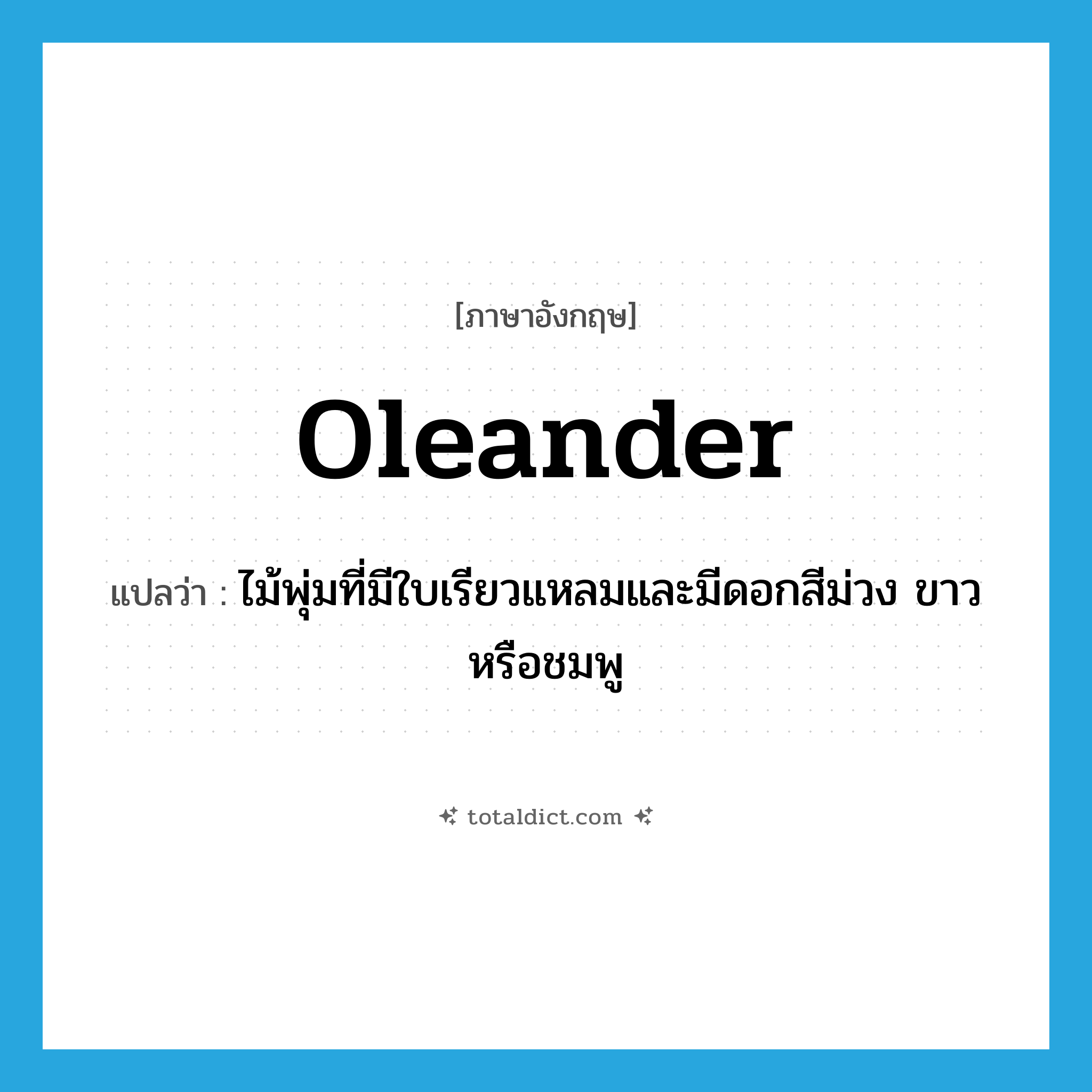 oleander แปลว่า?, คำศัพท์ภาษาอังกฤษ oleander แปลว่า ไม้พุ่มที่มีใบเรียวแหลมและมีดอกสีม่วง ขาวหรือชมพู ประเภท N หมวด N