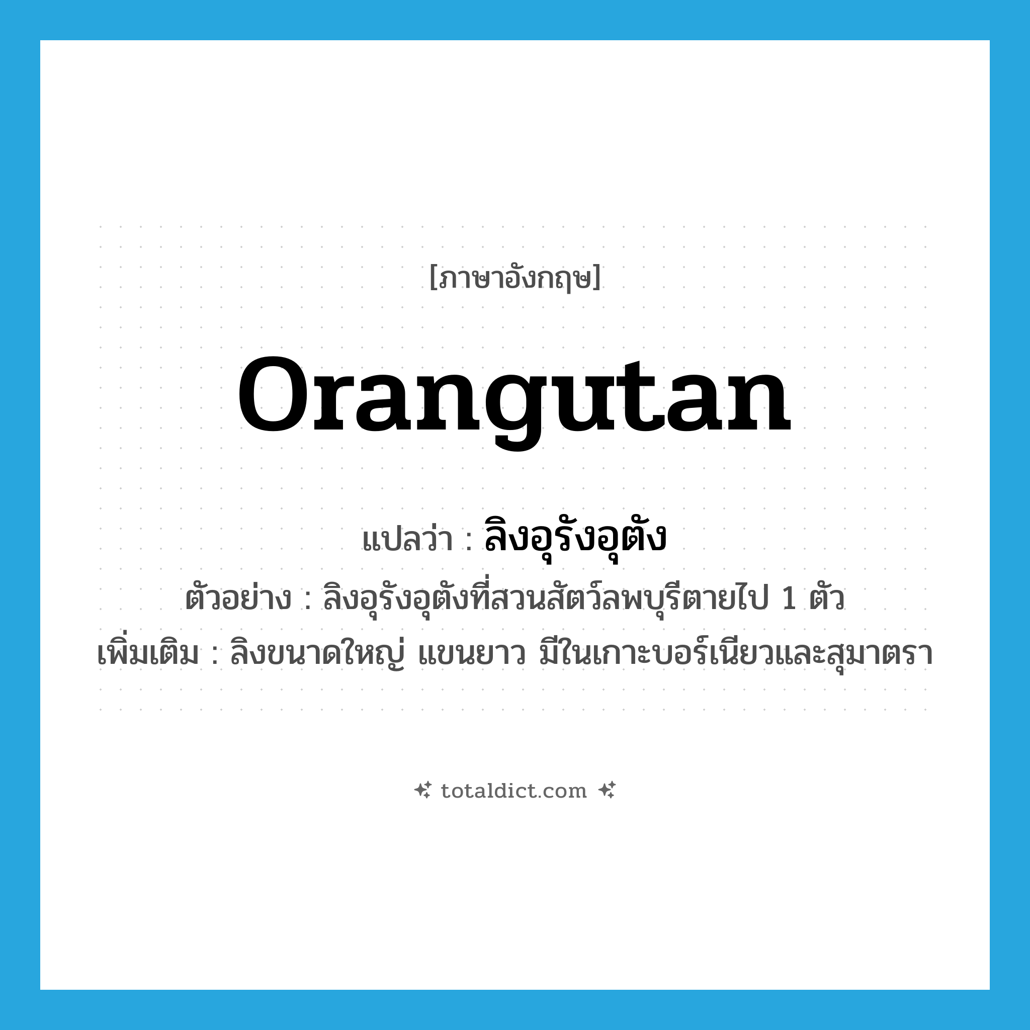 orangutan แปลว่า?, คำศัพท์ภาษาอังกฤษ orangutan แปลว่า ลิงอุรังอุตัง ประเภท N ตัวอย่าง ลิงอุรังอุตังที่สวนสัตว์ลพบุรีตายไป 1 ตัว เพิ่มเติม ลิงขนาดใหญ่ แขนยาว มีในเกาะบอร์เนียวและสุมาตรา หมวด N