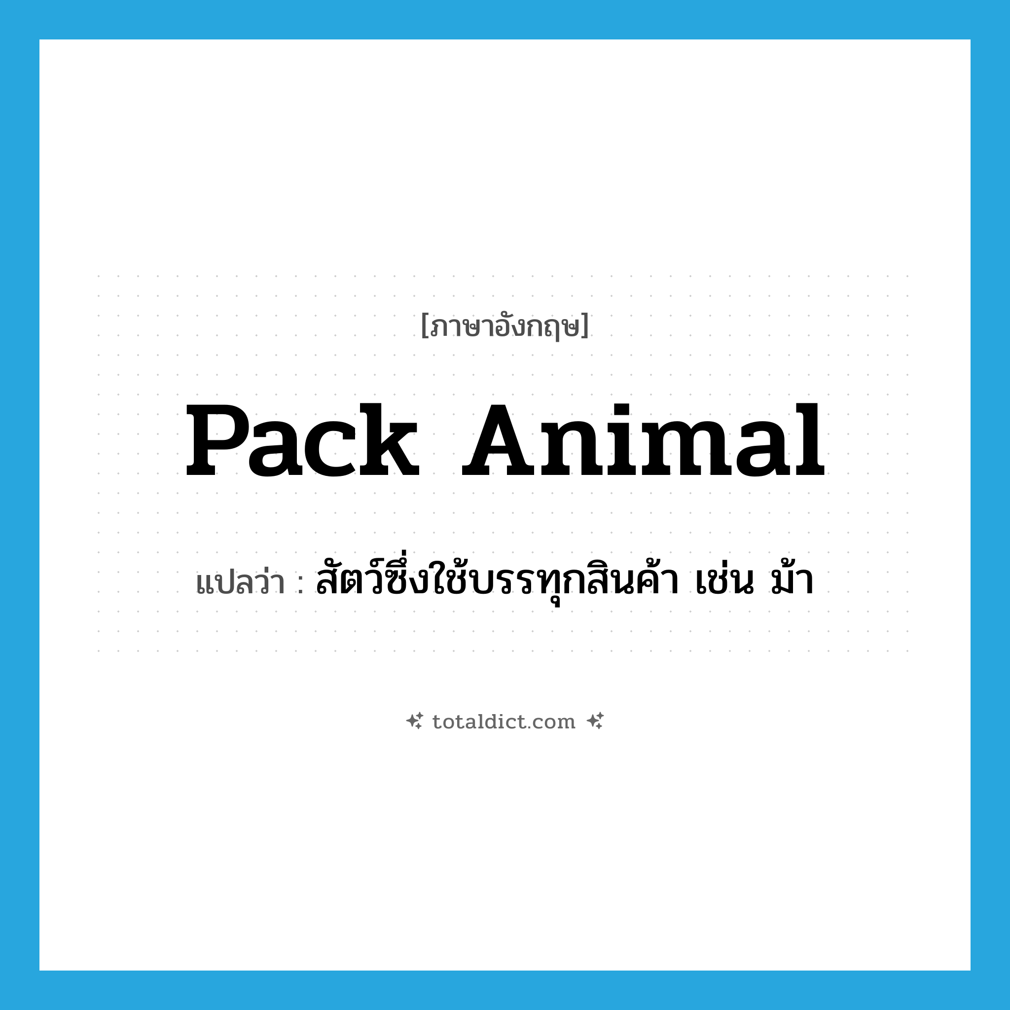 pack animal แปลว่า?, คำศัพท์ภาษาอังกฤษ pack animal แปลว่า สัตว์ซึ่งใช้บรรทุกสินค้า เช่น ม้า ประเภท N หมวด N