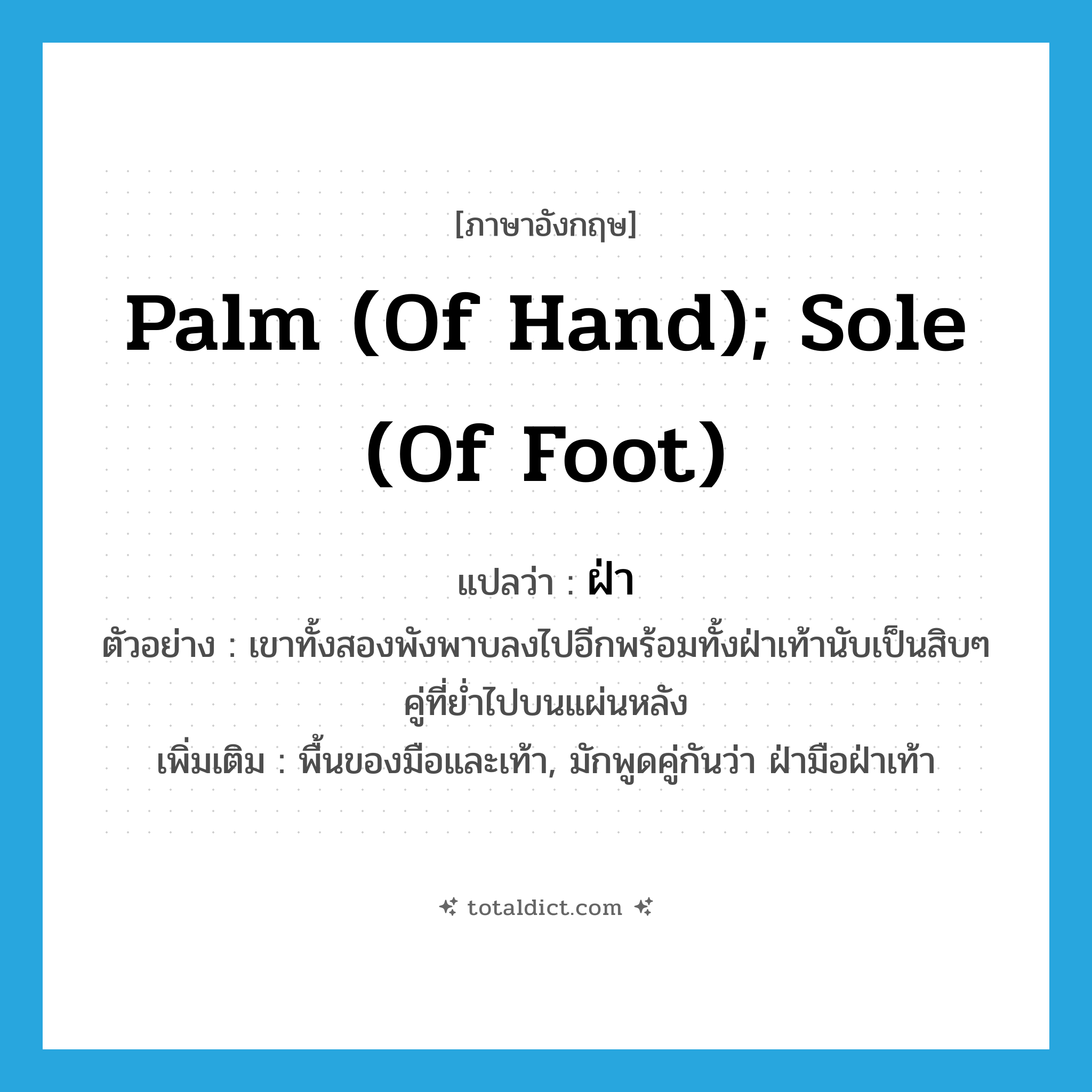 palm (of hand); sole (of foot) แปลว่า?, คำศัพท์ภาษาอังกฤษ palm (of hand); sole (of foot) แปลว่า ฝ่า ประเภท N ตัวอย่าง เขาทั้งสองพังพาบลงไปอีกพร้อมทั้งฝ่าเท้านับเป็นสิบๆ คู่ที่ย่ำไปบนแผ่นหลัง เพิ่มเติม พื้นของมือและเท้า, มักพูดคู่กันว่า ฝ่ามือฝ่าเท้า หมวด N