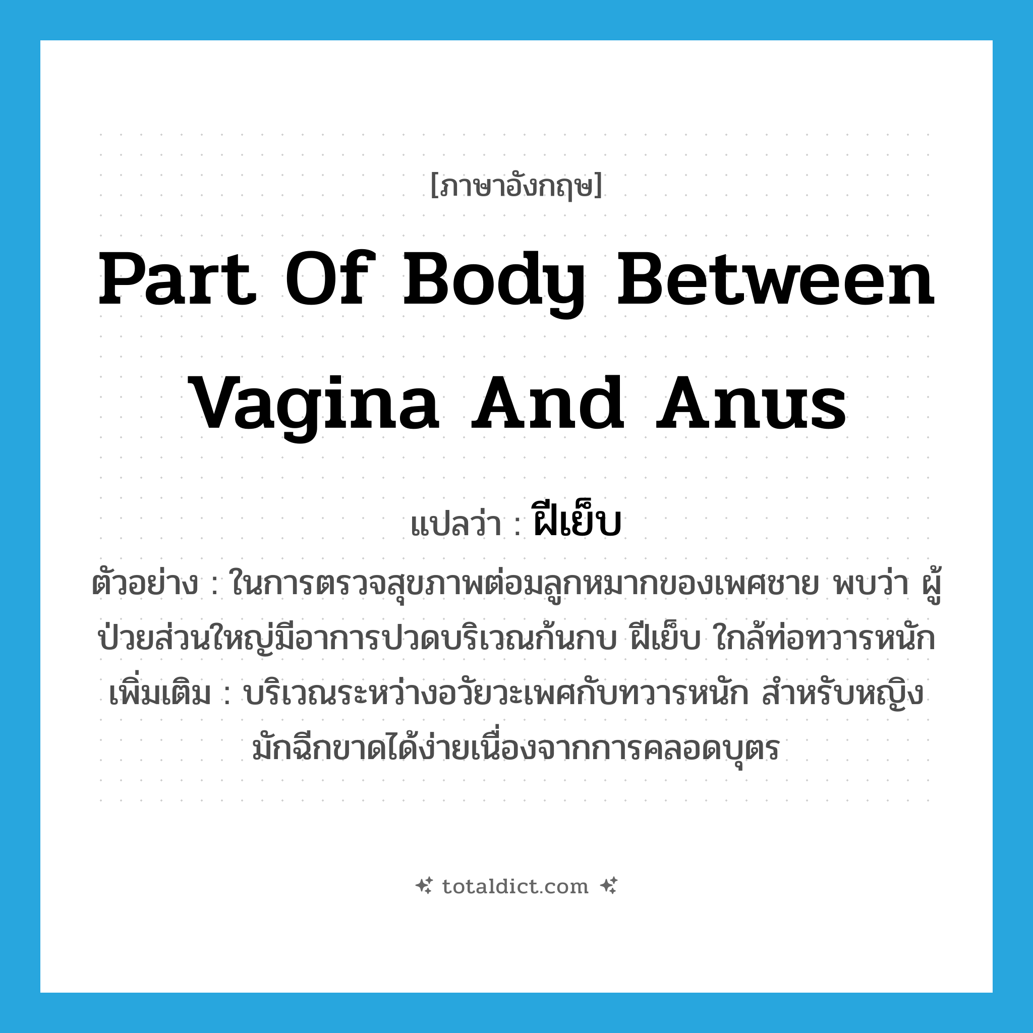 part of body between vagina and anus แปลว่า?, คำศัพท์ภาษาอังกฤษ part of body between vagina and anus แปลว่า ฝีเย็บ ประเภท N ตัวอย่าง ในการตรวจสุขภาพต่อมลูกหมากของเพศชาย พบว่า ผู้ป่วยส่วนใหญ่มีอาการปวดบริเวณก้นกบ ฝีเย็บ ใกล้ท่อทวารหนัก เพิ่มเติม บริเวณระหว่างอวัยวะเพศกับทวารหนัก สำหรับหญิงมักฉีกขาดได้ง่ายเนื่องจากการคลอดบุตร หมวด N