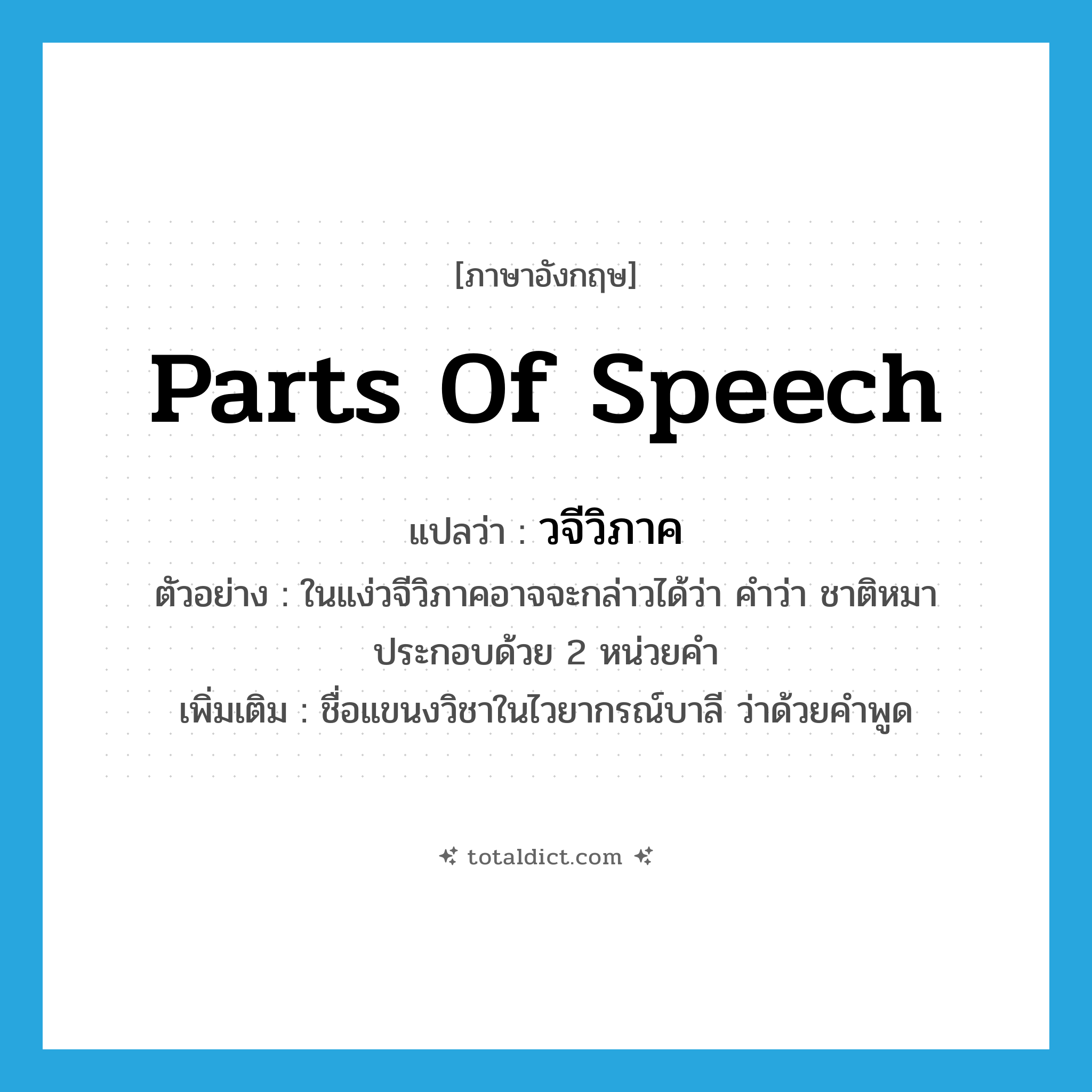 parts of speech แปลว่า?, คำศัพท์ภาษาอังกฤษ parts of speech แปลว่า วจีวิภาค ประเภท N ตัวอย่าง ในแง่วจีวิภาคอาจจะกล่าวได้ว่า คำว่า ชาติหมา ประกอบด้วย 2 หน่วยคำ เพิ่มเติม ชื่อแขนงวิชาในไวยากรณ์บาลี ว่าด้วยคำพูด หมวด N