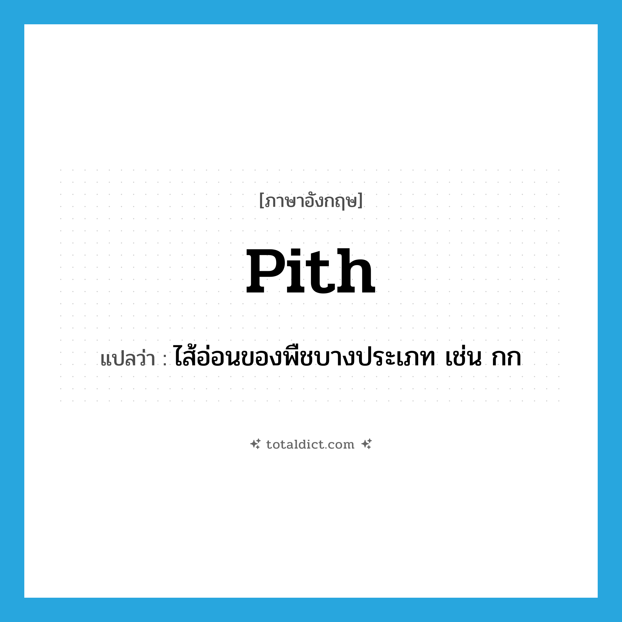 pith แปลว่า?, คำศัพท์ภาษาอังกฤษ pith แปลว่า ไส้อ่อนของพืชบางประเภท เช่น กก ประเภท N หมวด N