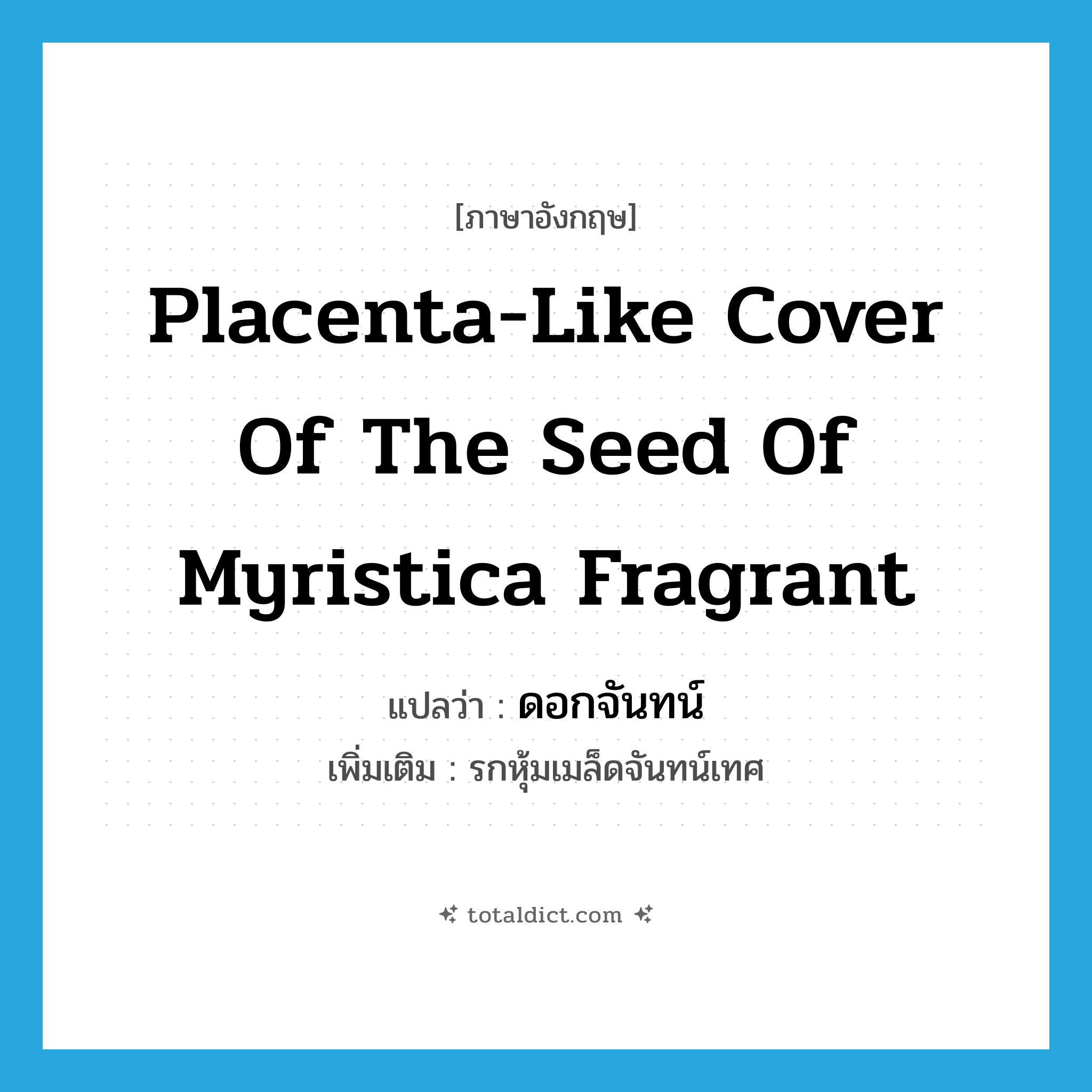placenta-like cover of the seed of Myristica fragrant แปลว่า?, คำศัพท์ภาษาอังกฤษ placenta-like cover of the seed of Myristica fragrant แปลว่า ดอกจันทน์ ประเภท N เพิ่มเติม รกหุ้มเมล็ดจันทน์เทศ หมวด N