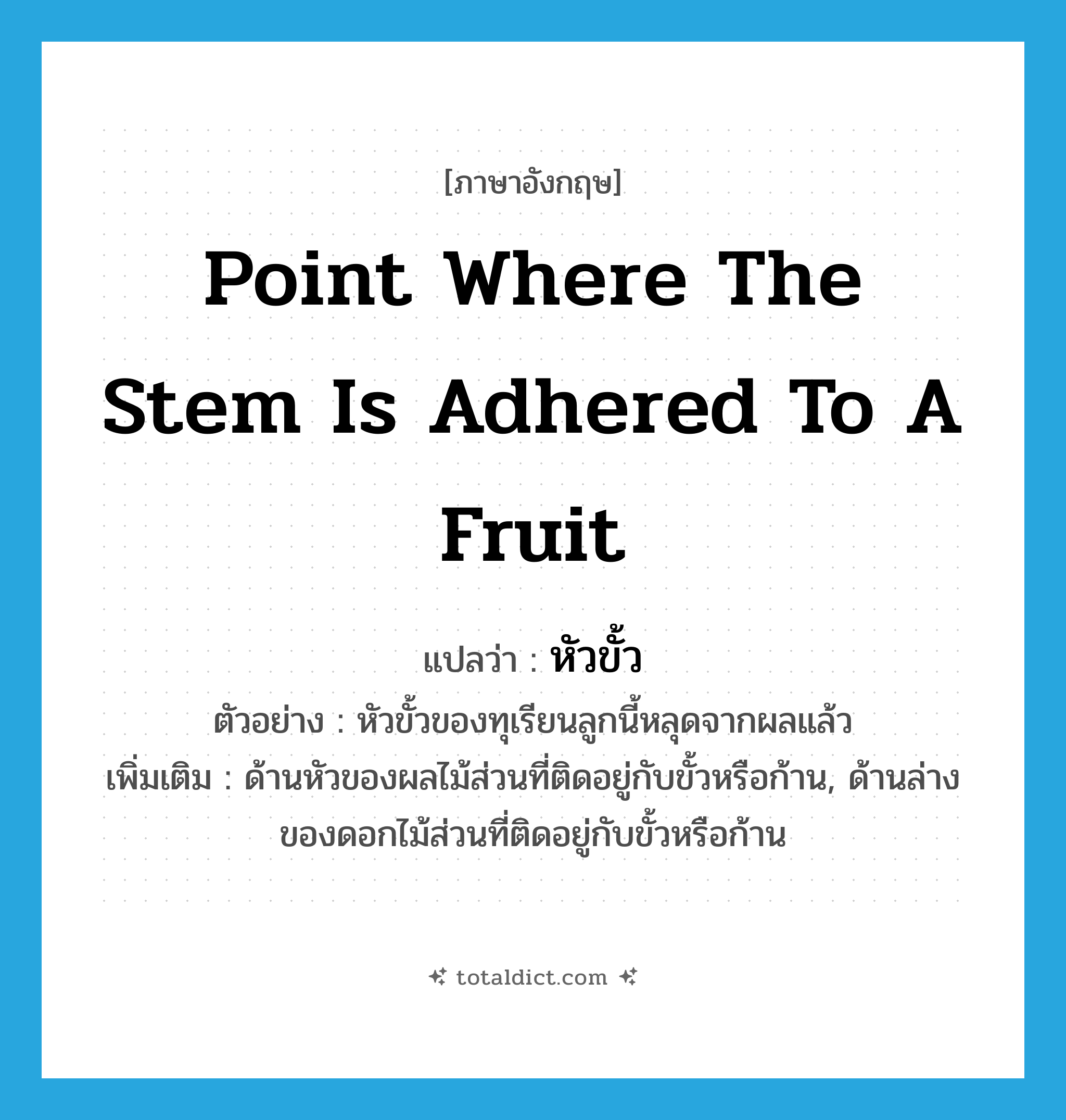 point where the stem is adhered to a fruit แปลว่า?, คำศัพท์ภาษาอังกฤษ point where the stem is adhered to a fruit แปลว่า หัวขั้ว ประเภท N ตัวอย่าง หัวขั้วของทุเรียนลูกนี้หลุดจากผลแล้ว เพิ่มเติม ด้านหัวของผลไม้ส่วนที่ติดอยู่กับขั้วหรือก้าน, ด้านล่างของดอกไม้ส่วนที่ติดอยู่กับขั้วหรือก้าน หมวด N