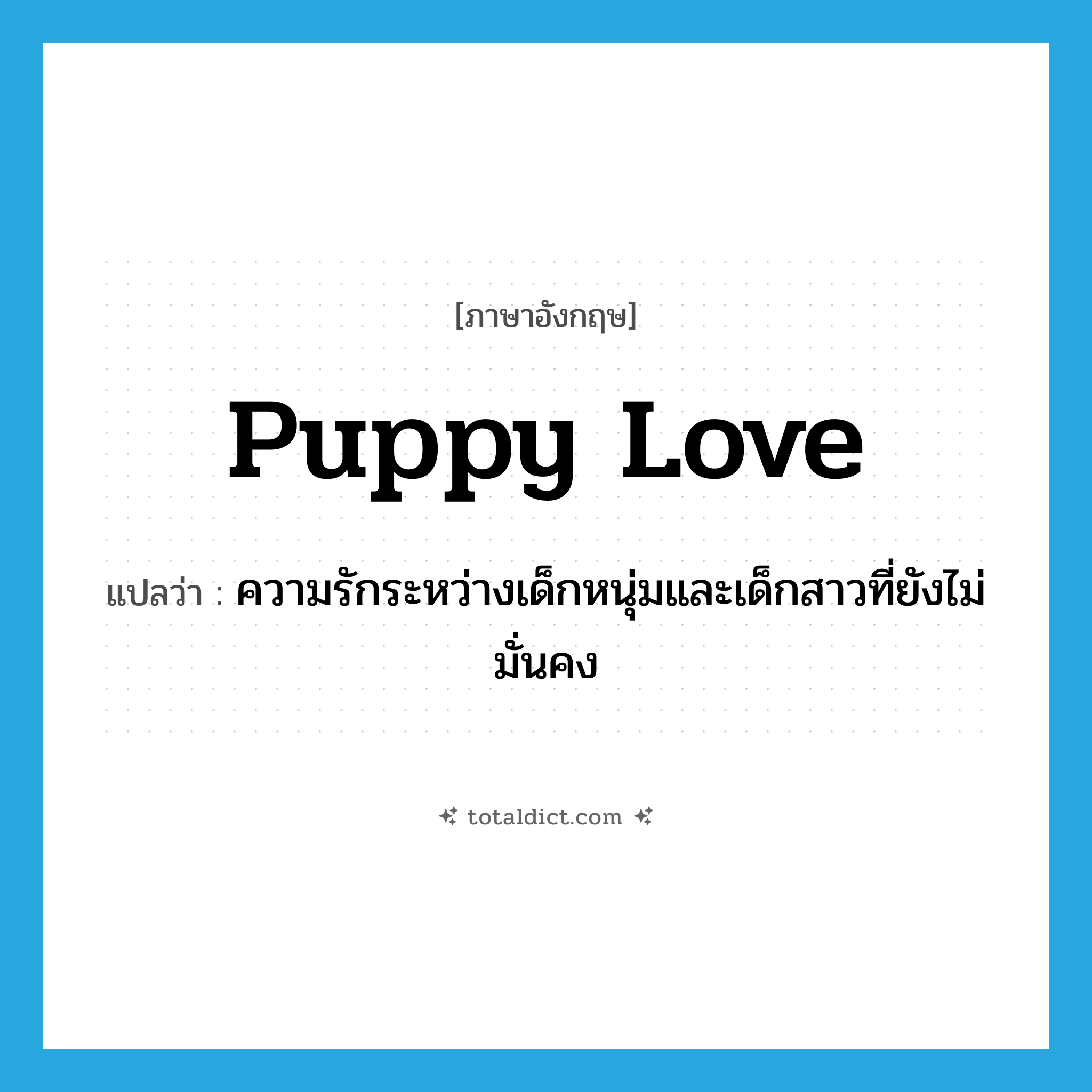 puppy love แปลว่า?, คำศัพท์ภาษาอังกฤษ puppy love แปลว่า ความรักระหว่างเด็กหนุ่มและเด็กสาวที่ยังไม่มั่นคง ประเภท N หมวด N