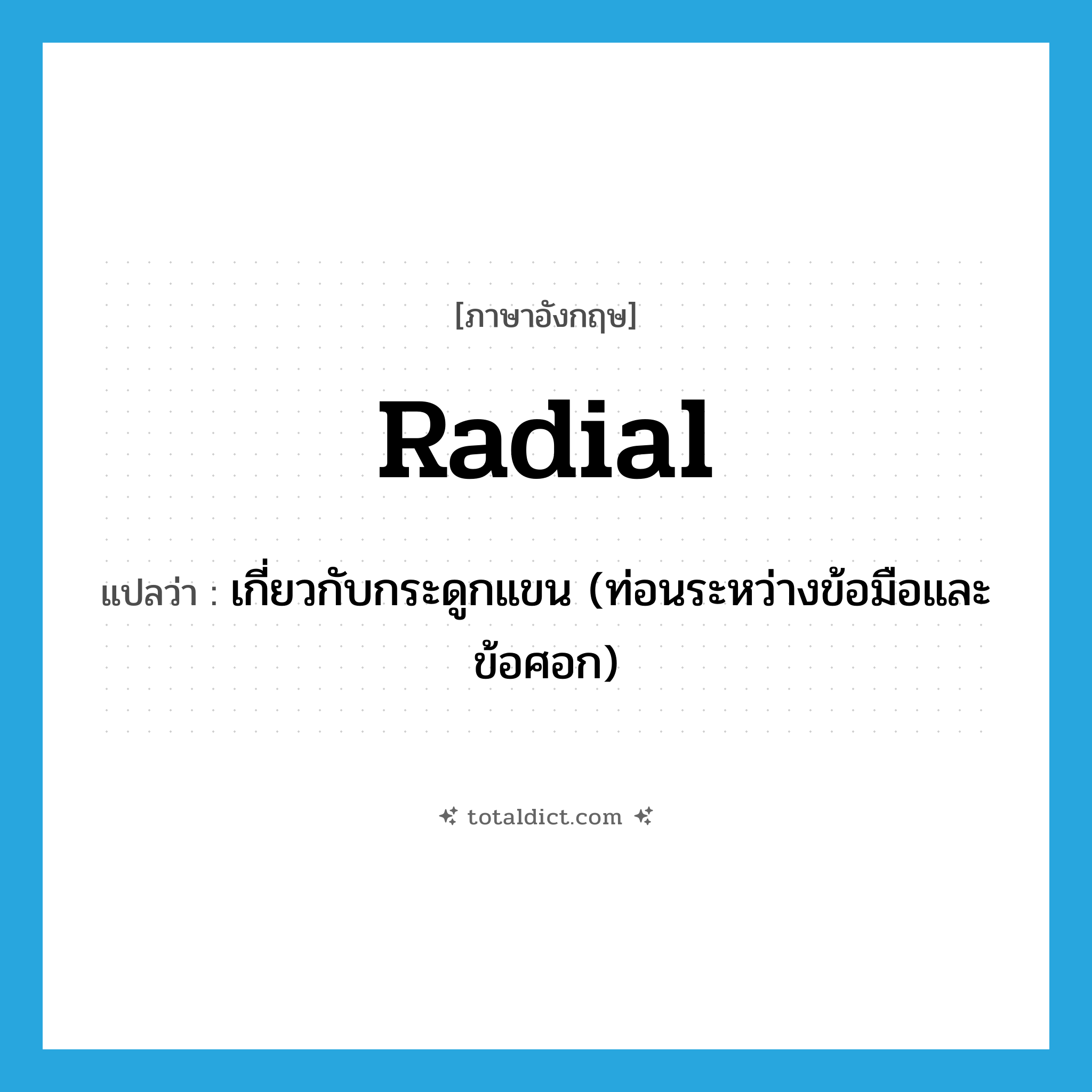 radial แปลว่า?, คำศัพท์ภาษาอังกฤษ radial แปลว่า เกี่ยวกับกระดูกแขน (ท่อนระหว่างข้อมือและข้อศอก) ประเภท ADJ หมวด ADJ