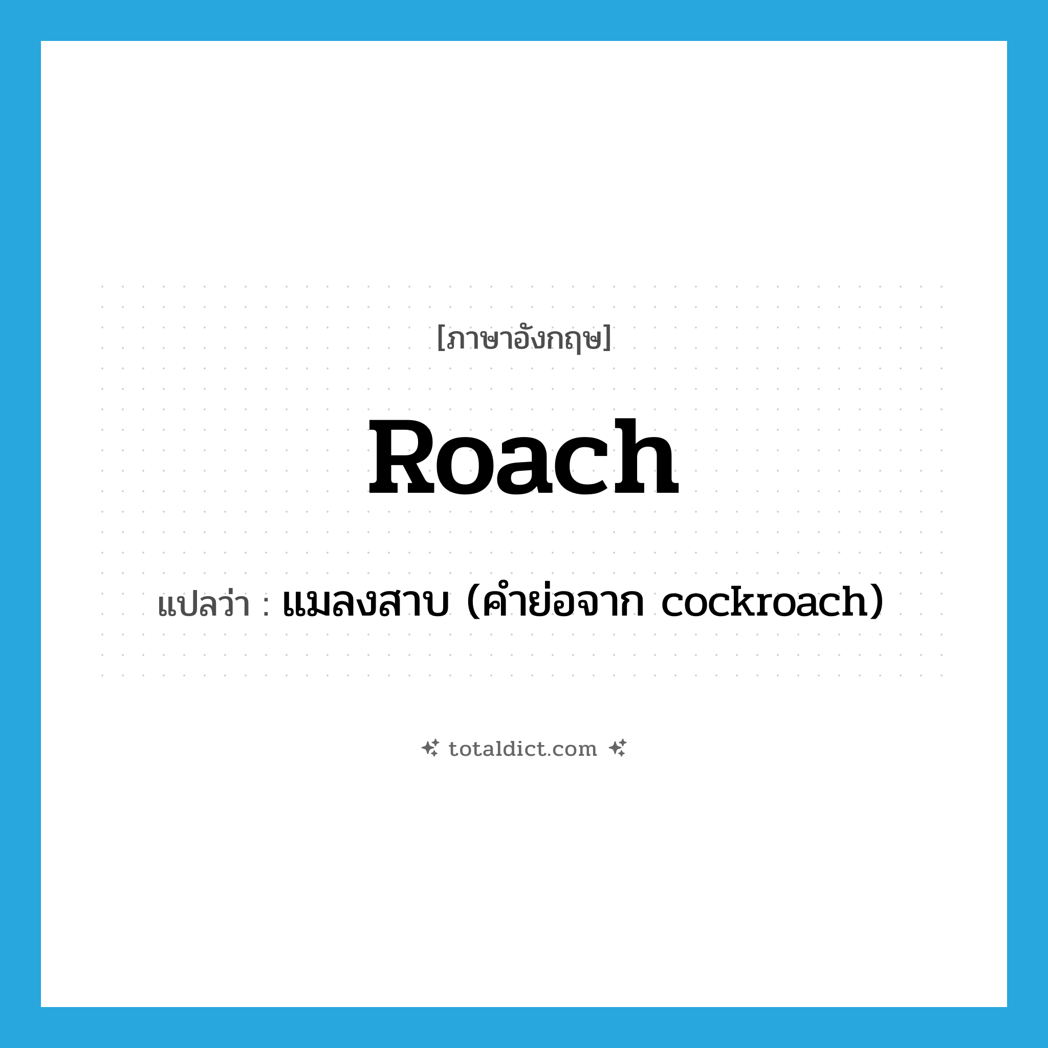 roach แปลว่า?, คำศัพท์ภาษาอังกฤษ roach แปลว่า แมลงสาบ (คำย่อจาก cockroach) ประเภท N หมวด N