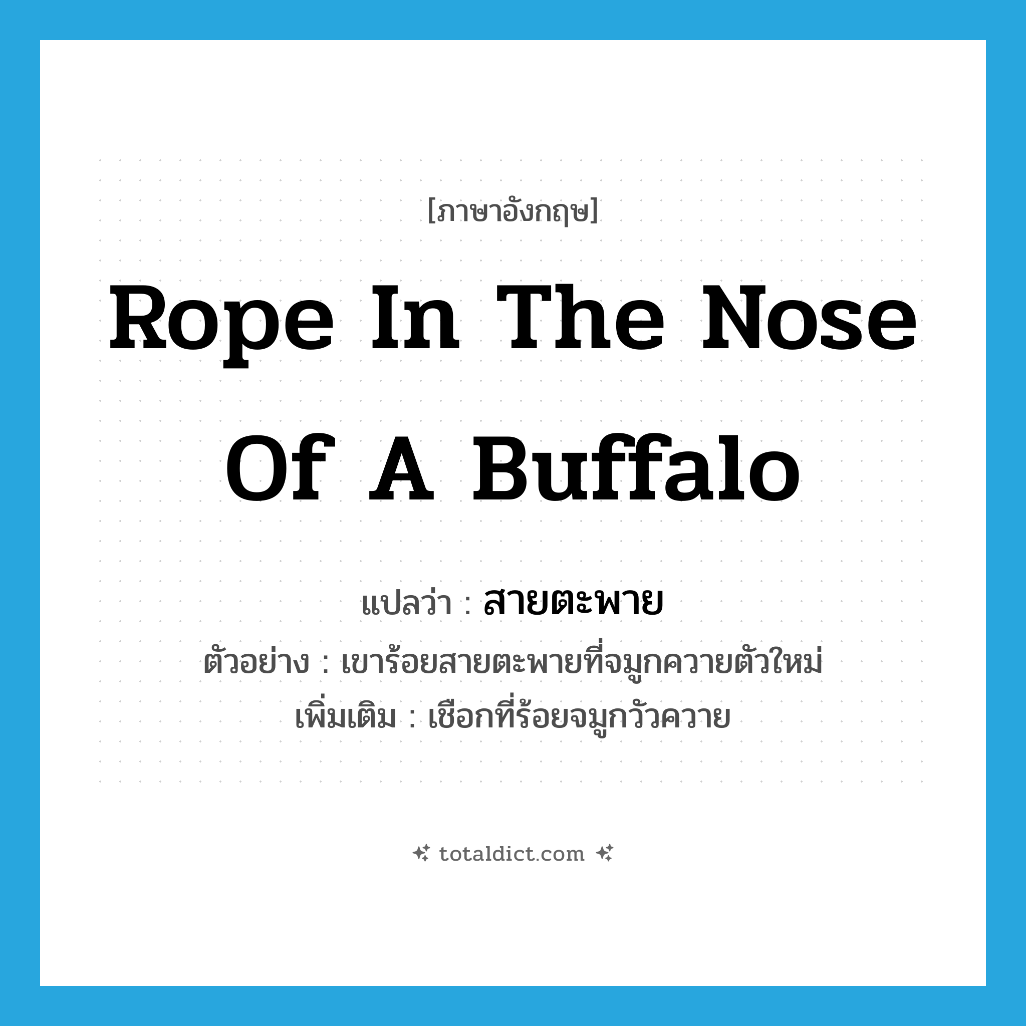 rope in the nose of a buffalo แปลว่า?, คำศัพท์ภาษาอังกฤษ rope in the nose of a buffalo แปลว่า สายตะพาย ประเภท N ตัวอย่าง เขาร้อยสายตะพายที่จมูกควายตัวใหม่ เพิ่มเติม เชือกที่ร้อยจมูกวัวควาย หมวด N