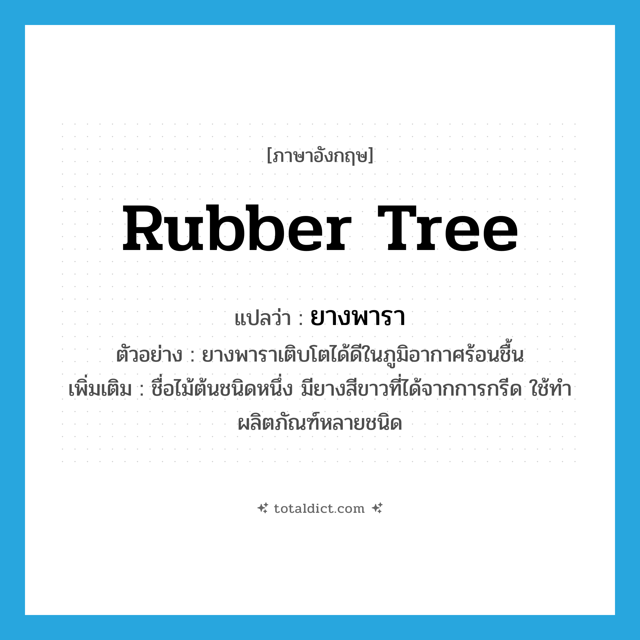 rubber tree แปลว่า?, คำศัพท์ภาษาอังกฤษ rubber tree แปลว่า ยางพารา ประเภท N ตัวอย่าง ยางพาราเติบโตได้ดีในภูมิอากาศร้อนชื้น เพิ่มเติม ชื่อไม้ต้นชนิดหนึ่ง มียางสีขาวที่ได้จากการกรีด ใช้ทำผลิตภัณฑ์หลายชนิด หมวด N
