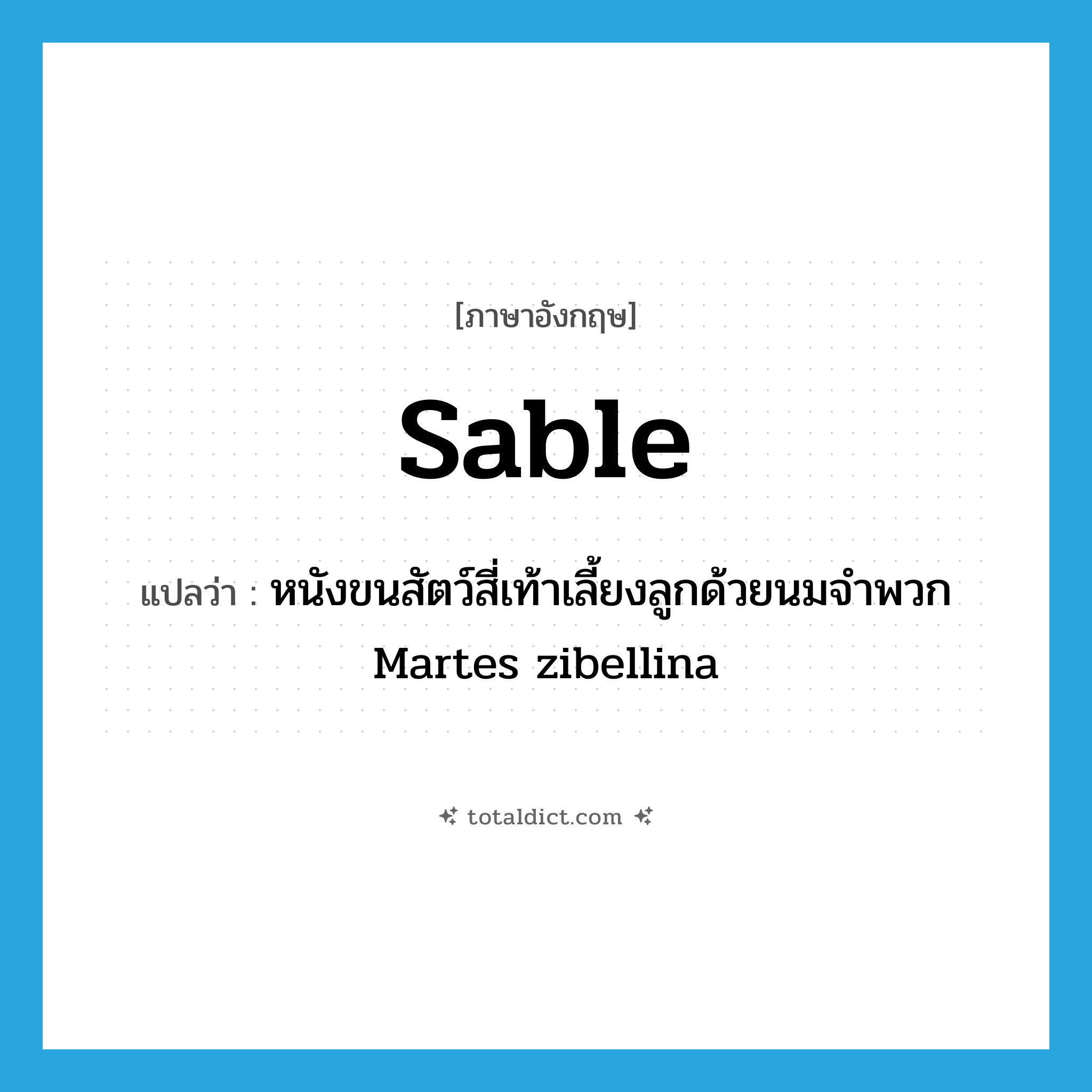 sable แปลว่า?, คำศัพท์ภาษาอังกฤษ sable แปลว่า หนังขนสัตว์สี่เท้าเลี้ยงลูกด้วยนมจำพวก Martes zibellina ประเภท N หมวด N