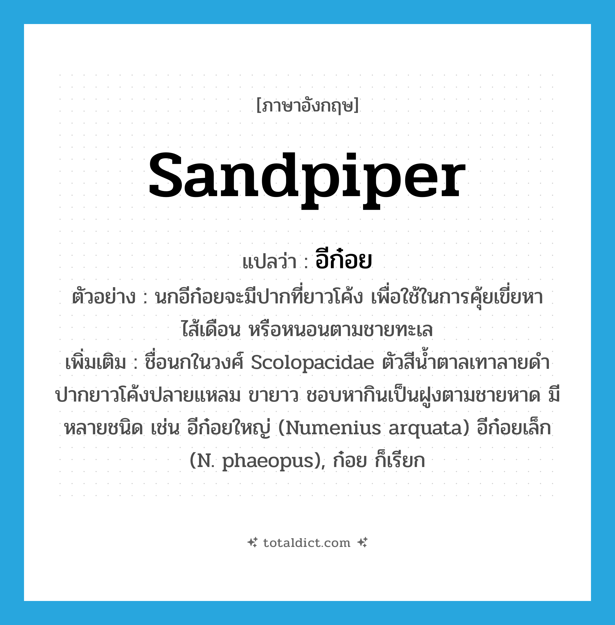 sandpiper แปลว่า?, คำศัพท์ภาษาอังกฤษ sandpiper แปลว่า อีก๋อย ประเภท N ตัวอย่าง นกอีก๋อยจะมีปากที่ยาวโค้ง เพื่อใช้ในการคุ้ยเขี่ยหาไส้เดือน หรือหนอนตามชายทะเล เพิ่มเติม ชื่อนกในวงศ์ Scolopacidae ตัวสีน้ำตาลเทาลายดำ ปากยาวโค้งปลายแหลม ขายาว ชอบหากินเป็นฝูงตามชายหาด มีหลายชนิด เช่น อีก๋อยใหญ่ (Numenius arquata) อีก๋อยเล็ก (N. phaeopus), ก๋อย ก็เรียก หมวด N