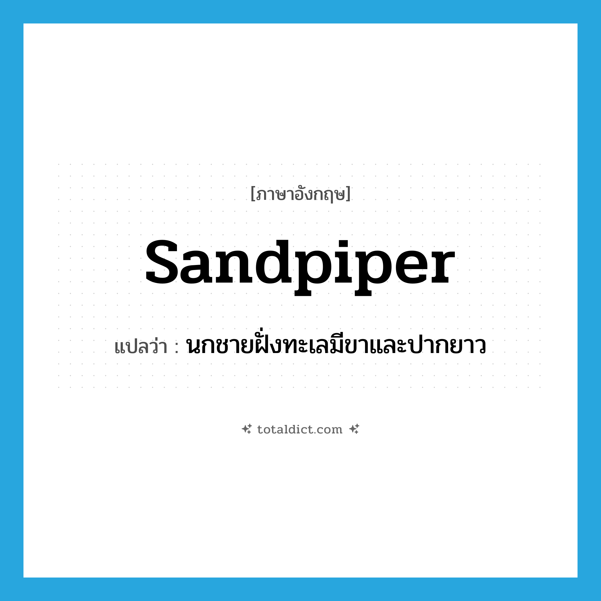 sandpiper แปลว่า?, คำศัพท์ภาษาอังกฤษ sandpiper แปลว่า นกชายฝั่งทะเลมีขาและปากยาว ประเภท N หมวด N
