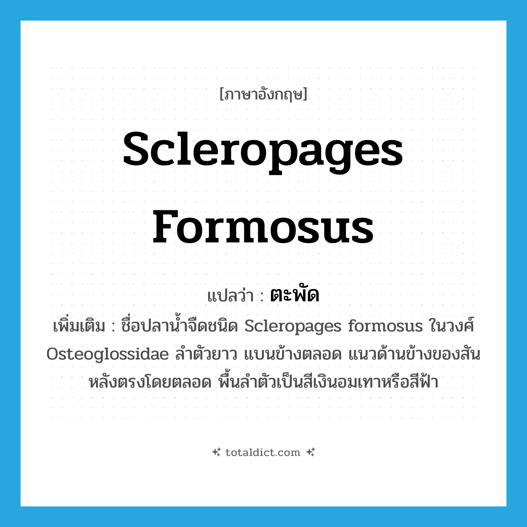 Scleropages formosus แปลว่า?, คำศัพท์ภาษาอังกฤษ Scleropages formosus แปลว่า ตะพัด ประเภท N เพิ่มเติม ชื่อปลาน้ำจืดชนิด Scleropages formosus ในวงศ์ Osteoglossidae ลำตัวยาว แบนข้างตลอด แนวด้านข้างของสันหลังตรงโดยตลอด พื้นลำตัวเป็นสีเงินอมเทาหรือสีฟ้า หมวด N