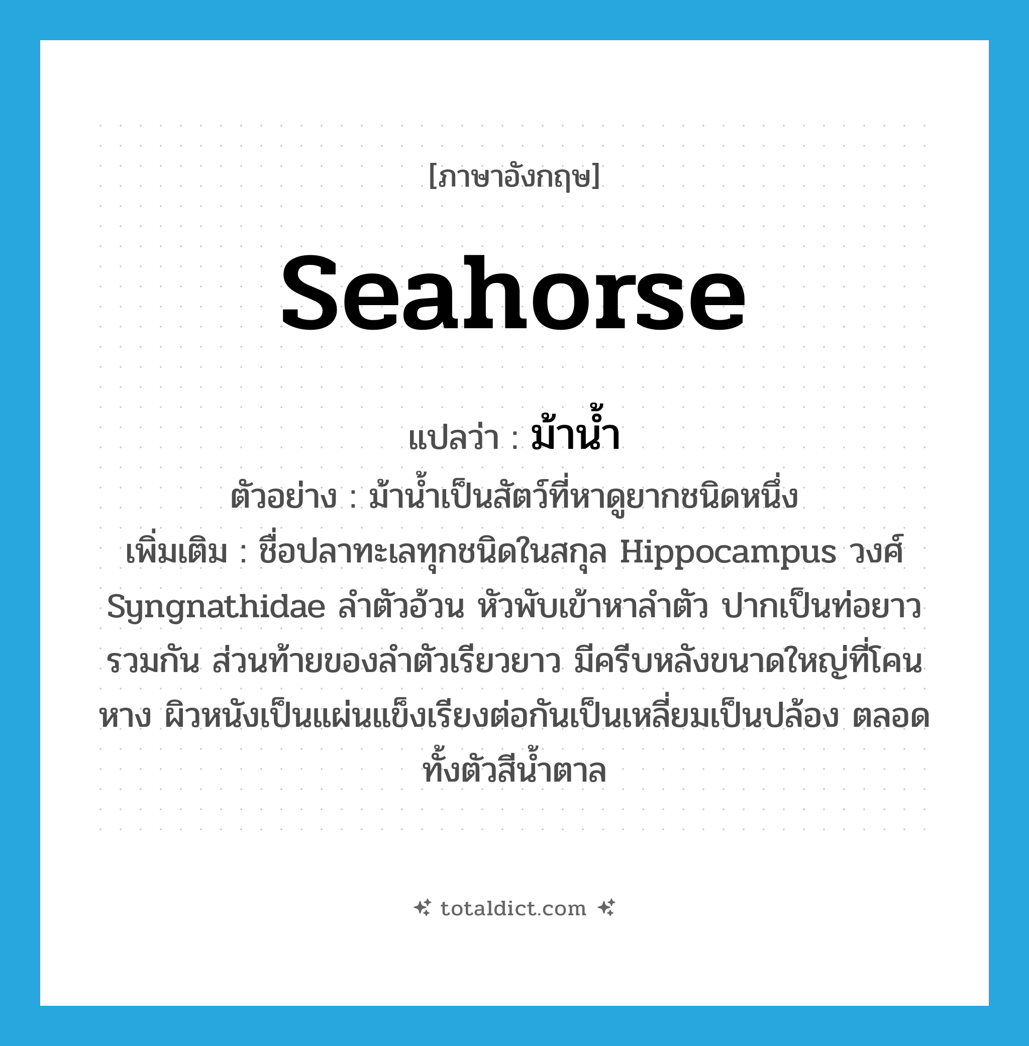 seahorse แปลว่า?, คำศัพท์ภาษาอังกฤษ seahorse แปลว่า ม้าน้ำ ประเภท N ตัวอย่าง ม้าน้ำเป็นสัตว์ที่หาดูยากชนิดหนึ่ง เพิ่มเติม ชื่อปลาทะเลทุกชนิดในสกุล Hippocampus วงศ์ Syngnathidae ลำตัวอ้วน หัวพับเข้าหาลำตัว ปากเป็นท่อยาวรวมกัน ส่วนท้ายของลำตัวเรียวยาว มีครีบหลังขนาดใหญ่ที่โคนหาง ผิวหนังเป็นแผ่นแข็งเรียงต่อกันเป็นเหลี่ยมเป็นปล้อง ตลอดทั้งตัวสีน้ำตาล หมวด N