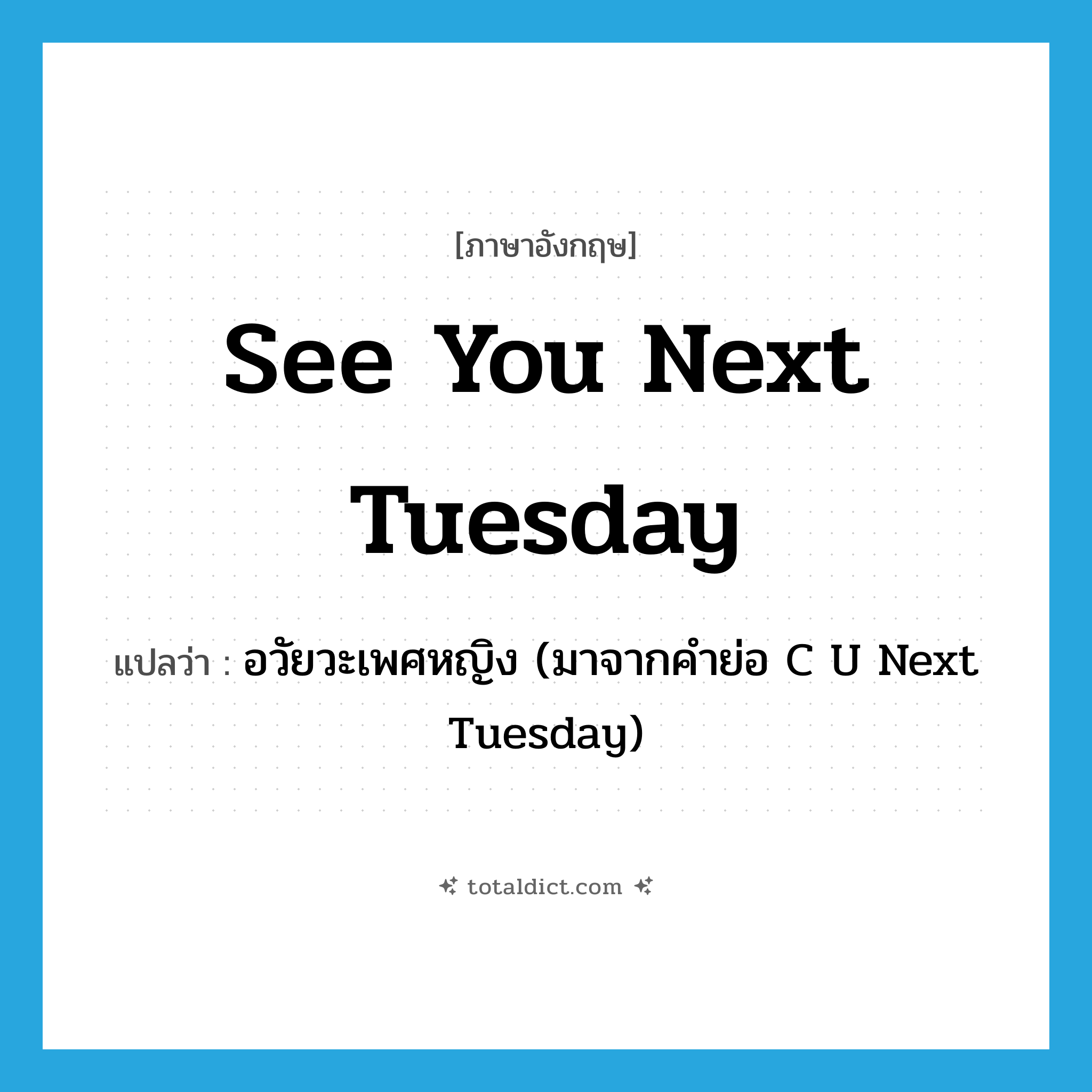 see you next Tuesday แปลว่า?, คำศัพท์ภาษาอังกฤษ see you next Tuesday แปลว่า อวัยวะเพศหญิง (มาจากคำย่อ C U Next Tuesday) ประเภท SL หมวด SL