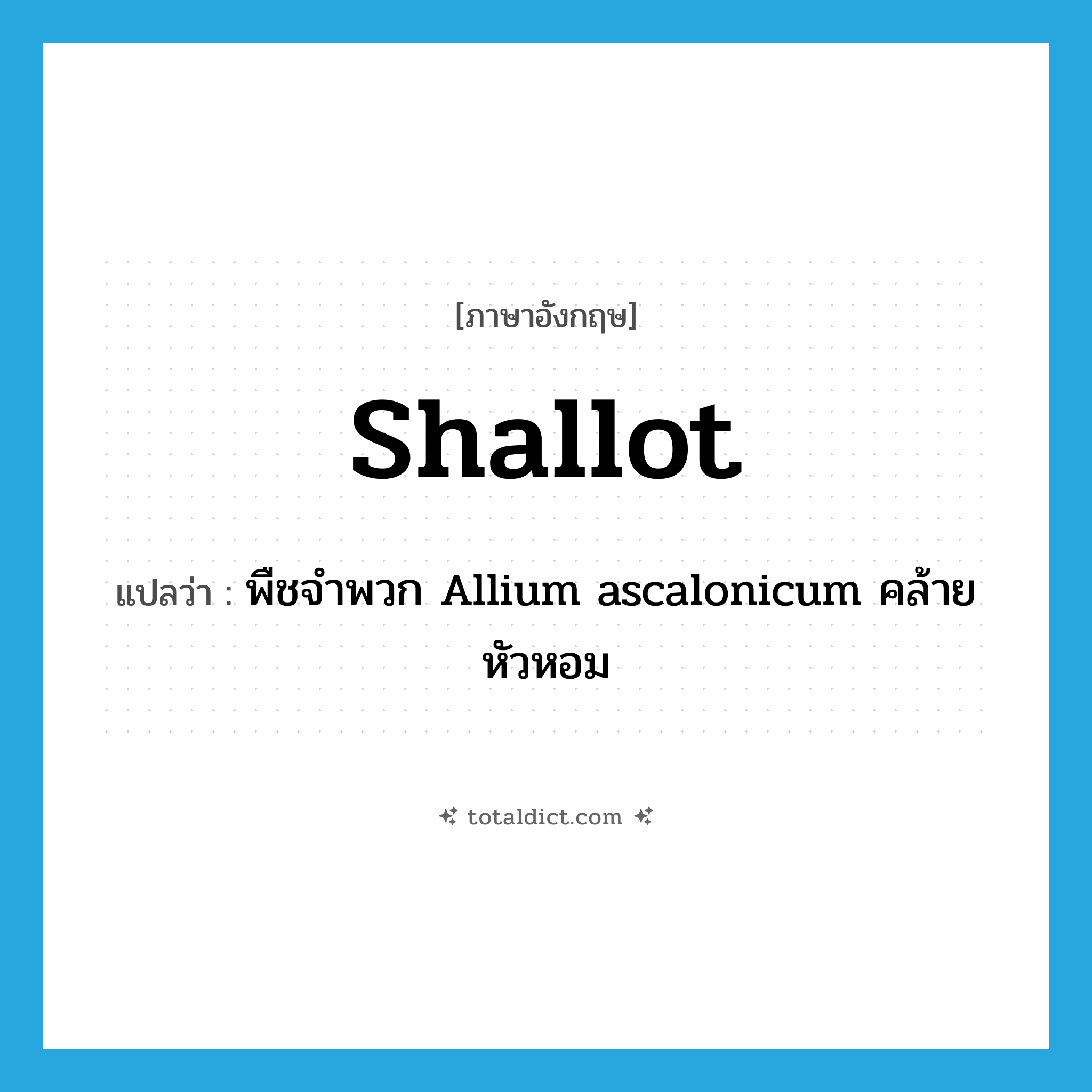 shallot แปลว่า?, คำศัพท์ภาษาอังกฤษ shallot แปลว่า พืชจำพวก Allium ascalonicum คล้ายหัวหอม ประเภท N หมวด N