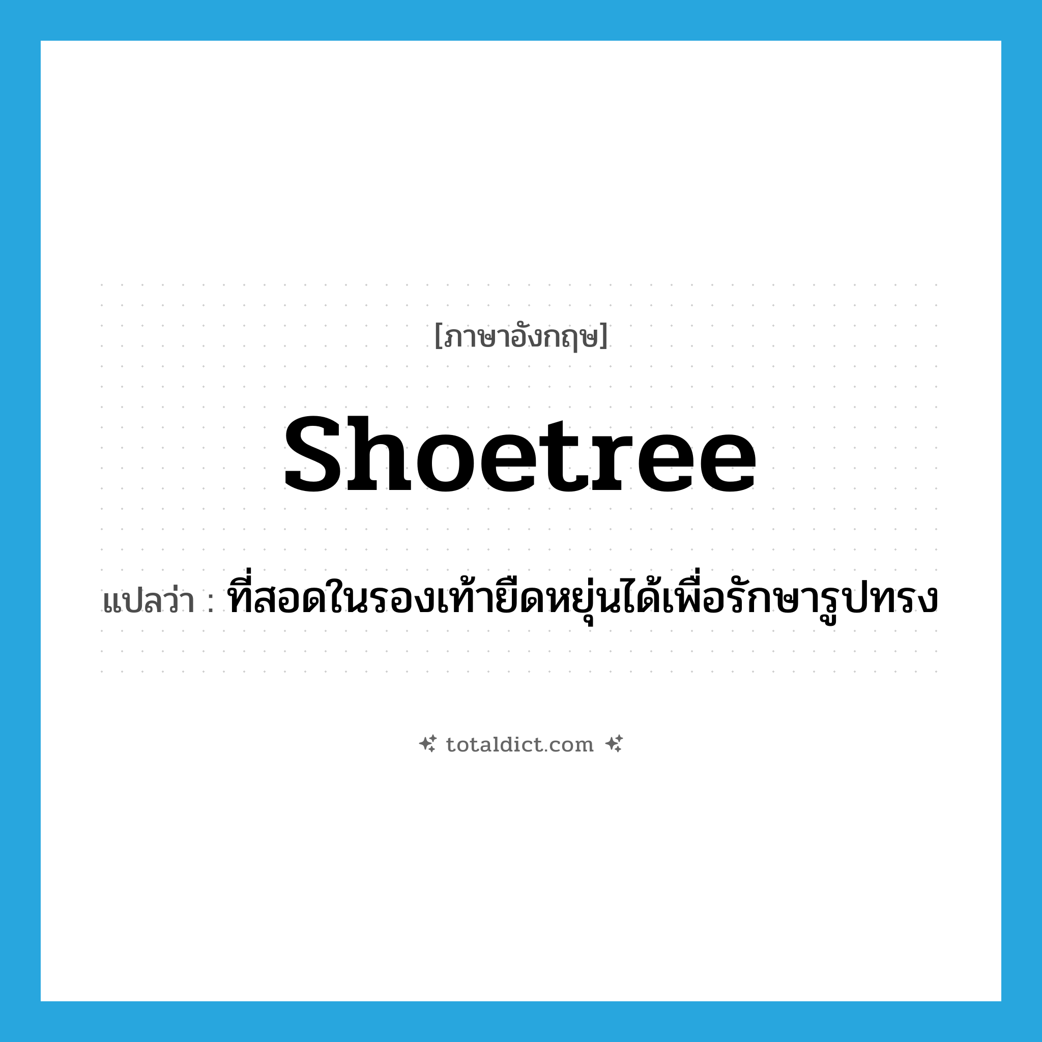 shoetree แปลว่า?, คำศัพท์ภาษาอังกฤษ shoetree แปลว่า ที่สอดในรองเท้ายืดหยุ่นได้เพื่อรักษารูปทรง ประเภท N หมวด N