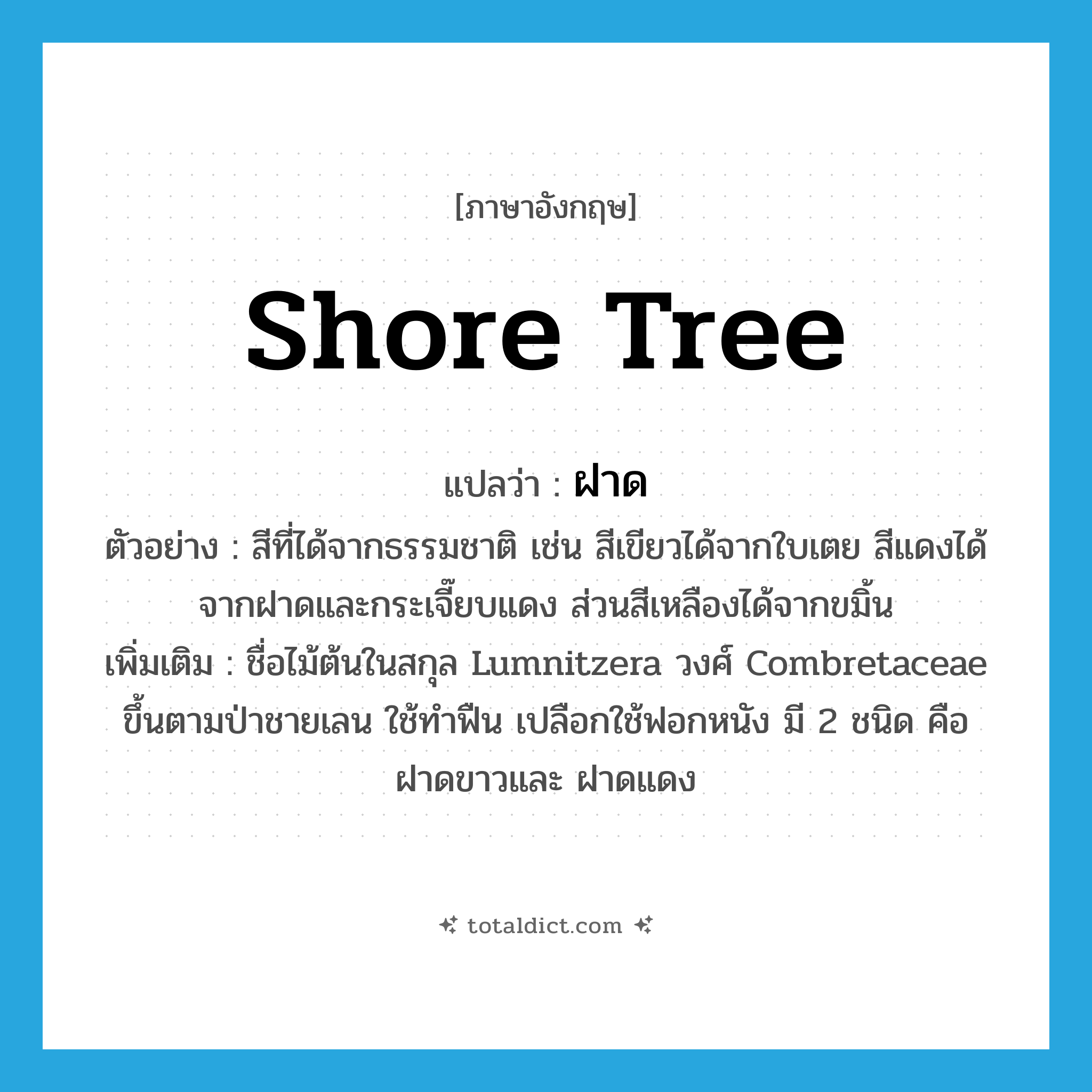 shore tree แปลว่า?, คำศัพท์ภาษาอังกฤษ shore tree แปลว่า ฝาด ประเภท N ตัวอย่าง สีที่ได้จากธรรมชาติ เช่น สีเขียวได้จากใบเตย สีแดงได้จากฝาดและกระเจี๊ยบแดง ส่วนสีเหลืองได้จากขมิ้น เพิ่มเติม ชื่อไม้ต้นในสกุล Lumnitzera วงศ์ Combretaceae ขึ้นตามป่าชายเลน ใช้ทำฟืน เปลือกใช้ฟอกหนัง มี 2 ชนิด คือ ฝาดขาวและ ฝาดแดง หมวด N
