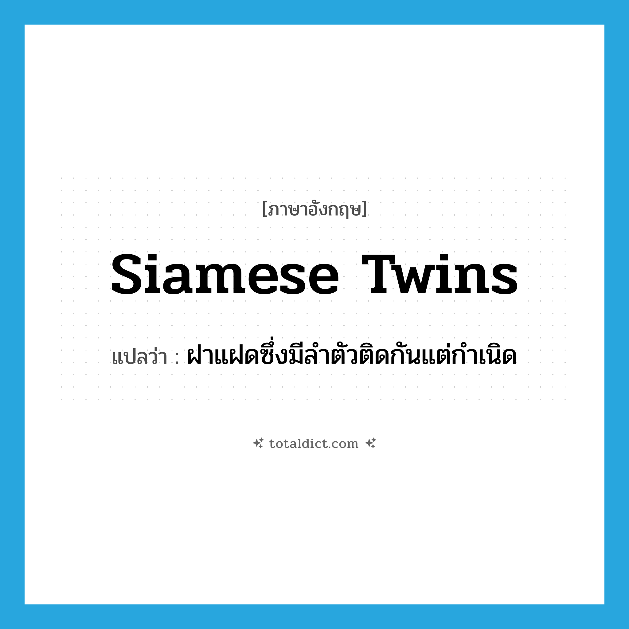 Siamese twins แปลว่า?, คำศัพท์ภาษาอังกฤษ Siamese twins แปลว่า ฝาแฝดซึ่งมีลำตัวติดกันแต่กำเนิด ประเภท N หมวด N