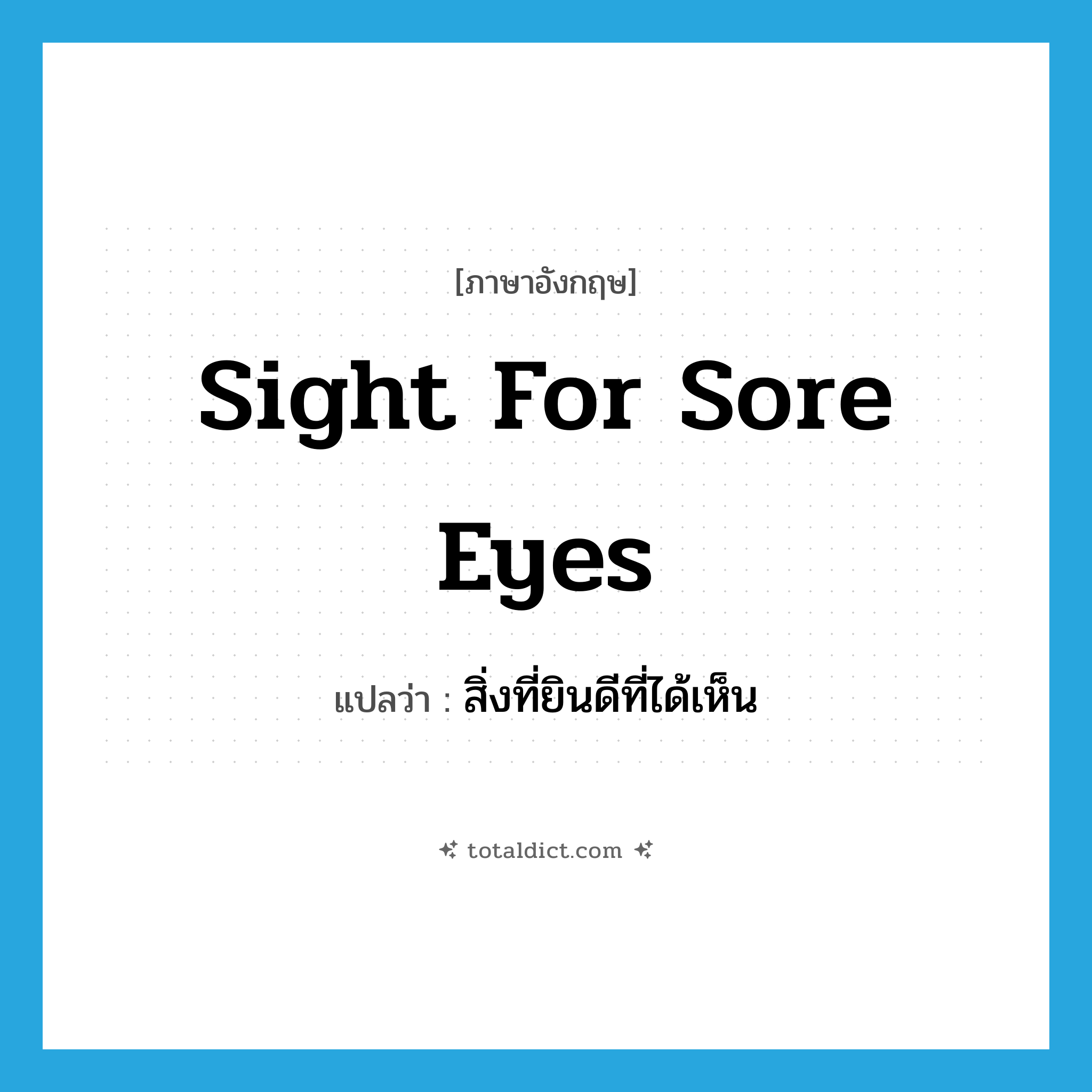 sight for sore eyes แปลว่า?, คำศัพท์ภาษาอังกฤษ sight for sore eyes แปลว่า สิ่งที่ยินดีที่ได้เห็น ประเภท IDM หมวด IDM