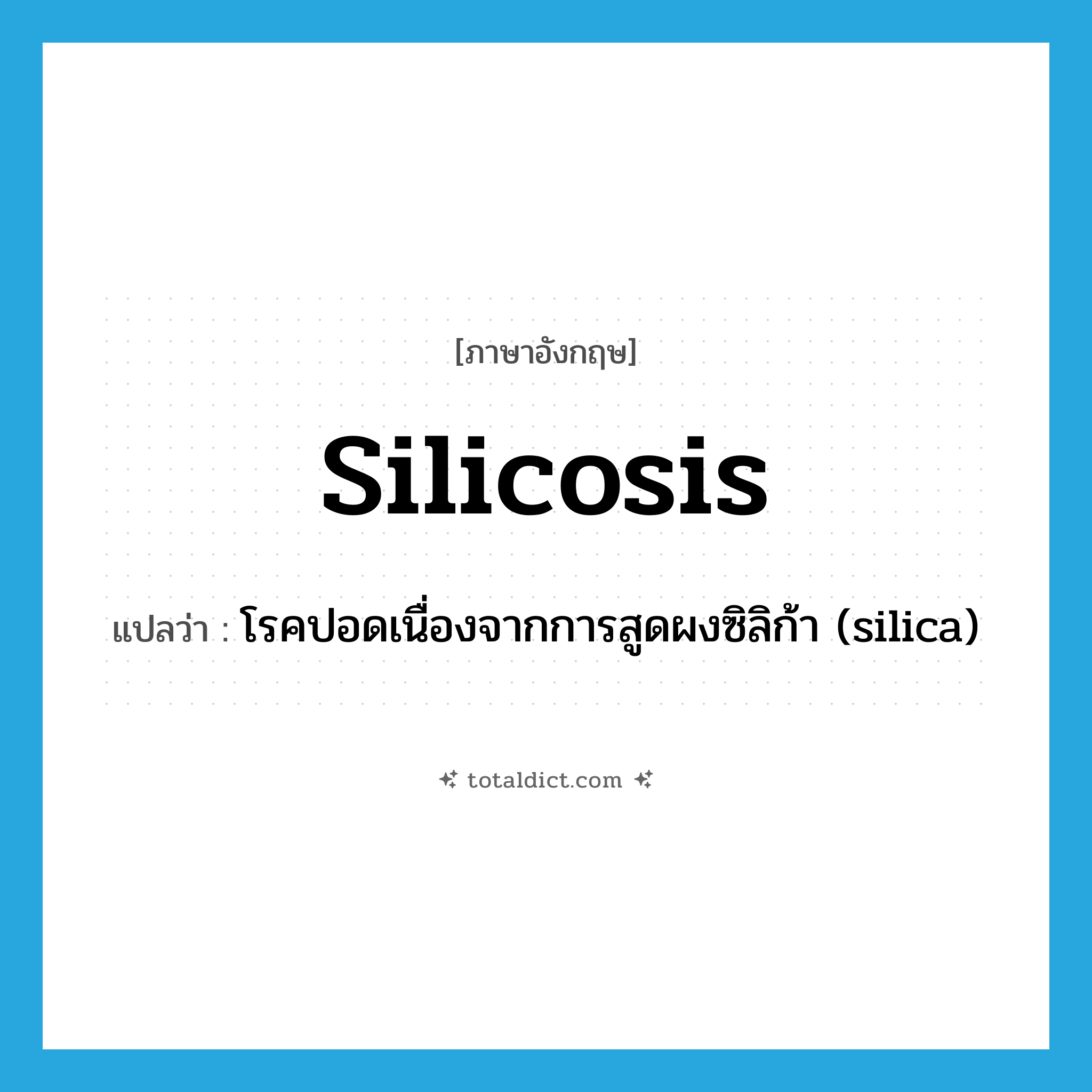 silicosis แปลว่า?, คำศัพท์ภาษาอังกฤษ silicosis แปลว่า โรคปอดเนื่องจากการสูดผงซิลิก้า (silica) ประเภท N หมวด N