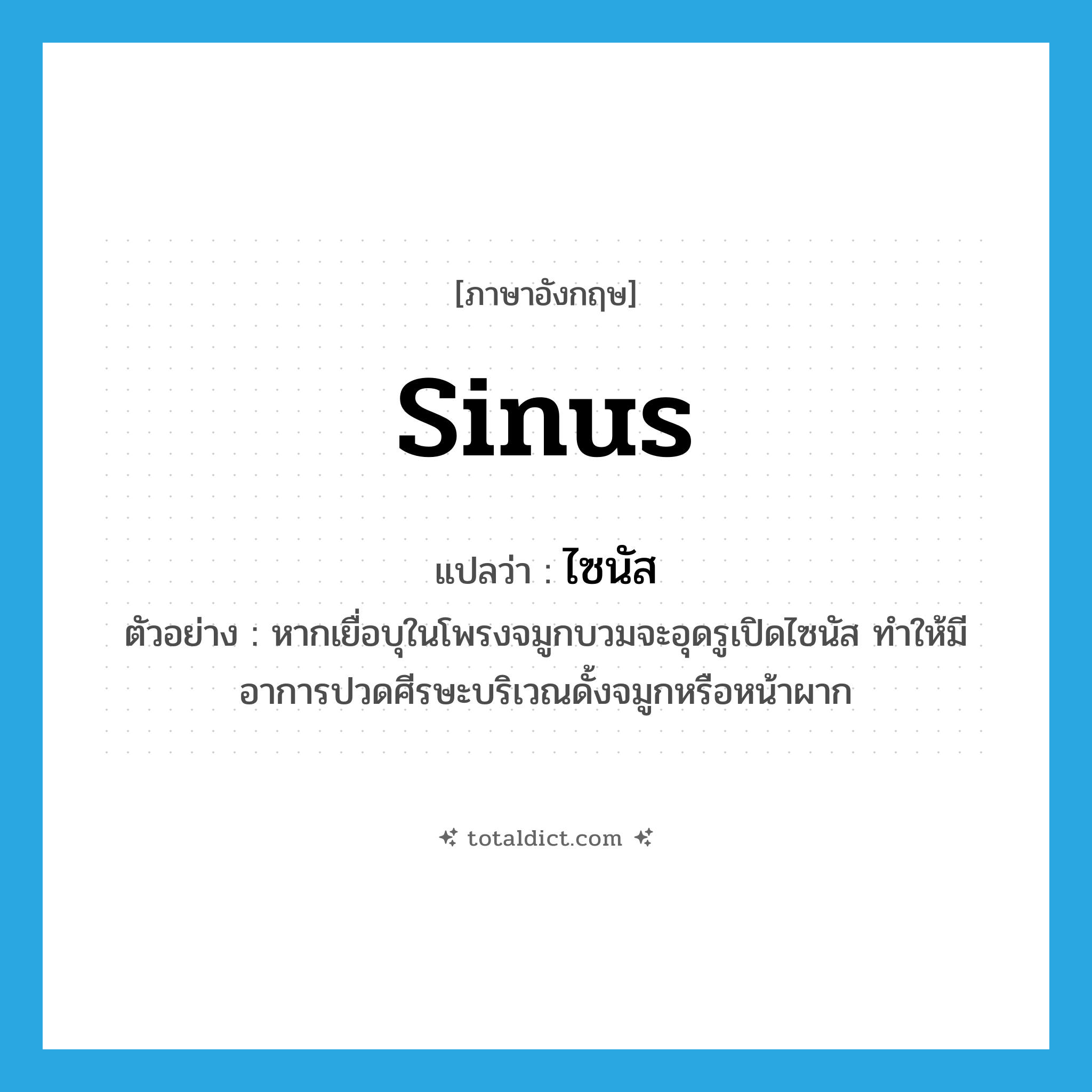 sinus แปลว่า?, คำศัพท์ภาษาอังกฤษ sinus แปลว่า ไซนัส ประเภท N ตัวอย่าง หากเยื่อบุในโพรงจมูกบวมจะอุดรูเปิดไซนัส ทำให้มีอาการปวดศีรษะบริเวณดั้งจมูกหรือหน้าผาก หมวด N