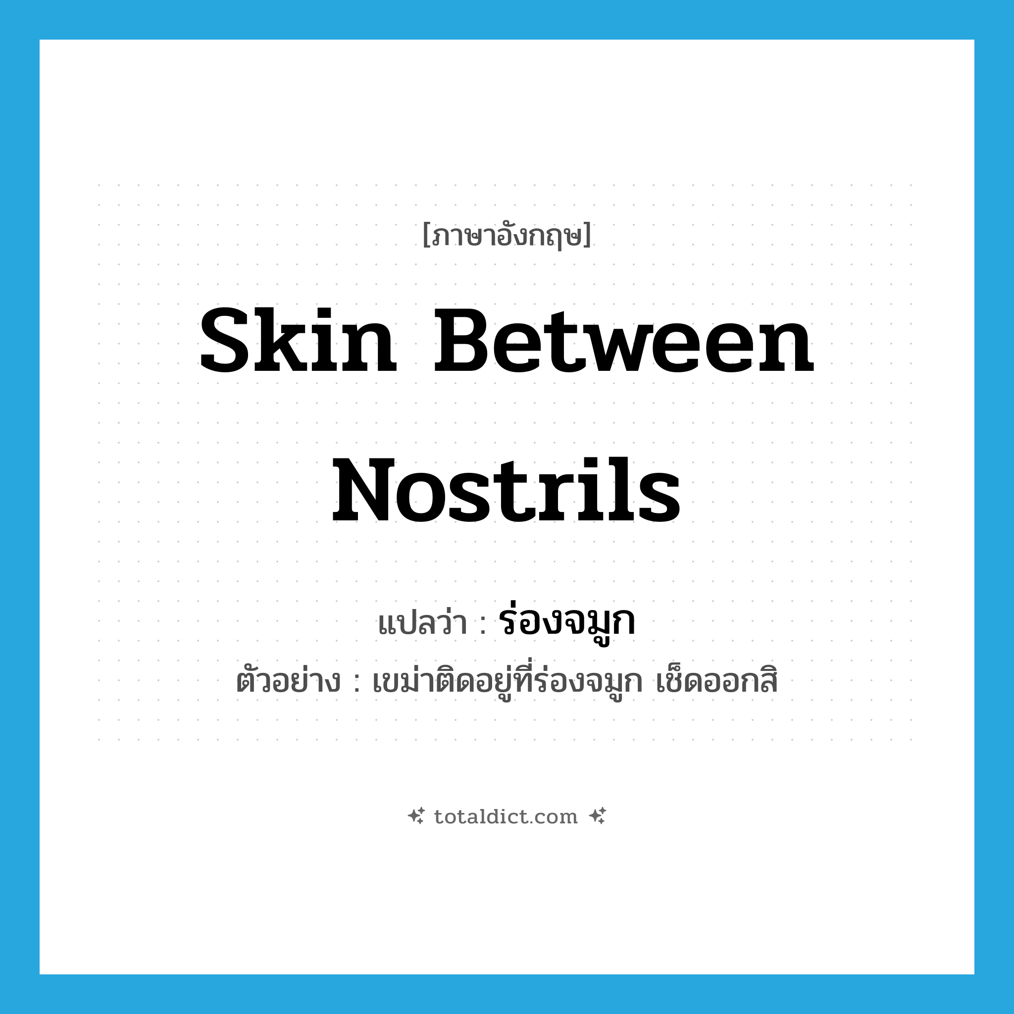 skin between nostrils แปลว่า?, คำศัพท์ภาษาอังกฤษ skin between nostrils แปลว่า ร่องจมูก ประเภท N ตัวอย่าง เขม่าติดอยู่ที่ร่องจมูก เช็ดออกสิ หมวด N