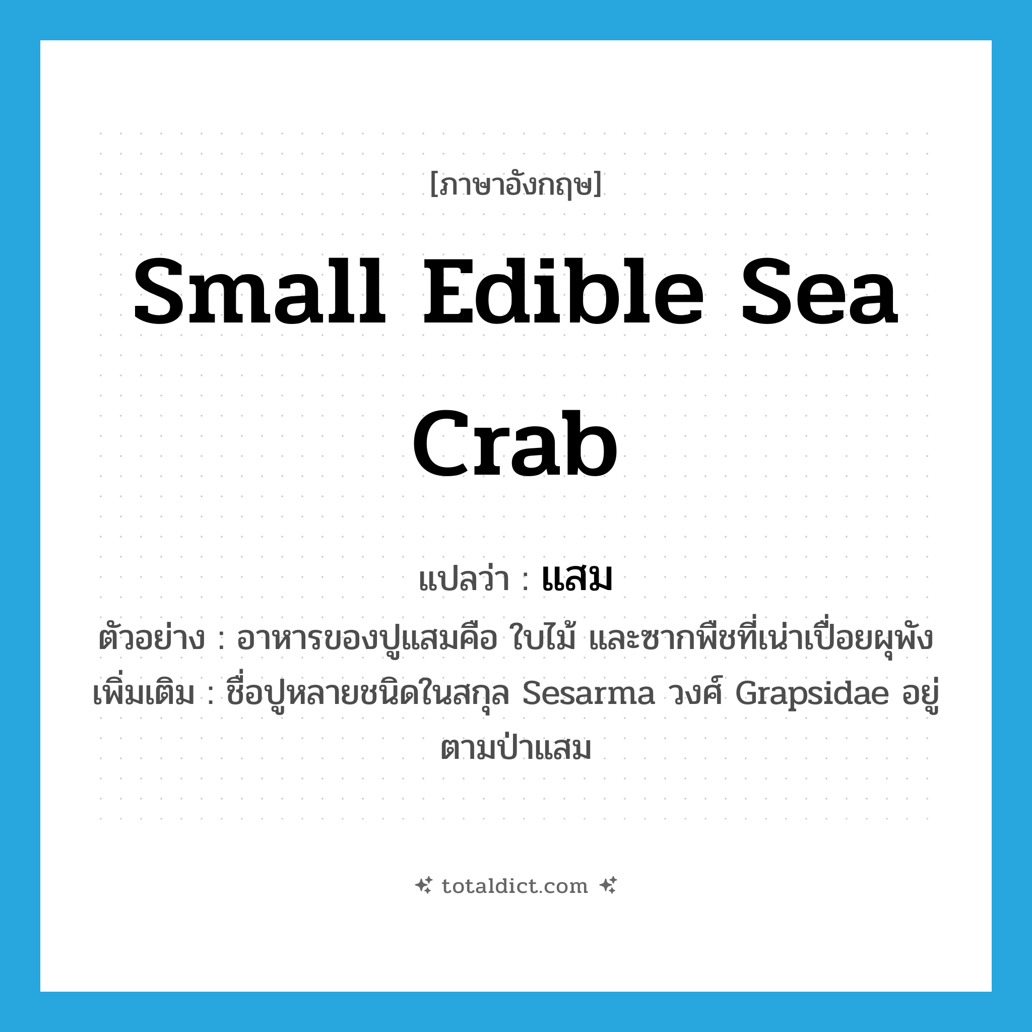 small edible sea crab แปลว่า?, คำศัพท์ภาษาอังกฤษ small edible sea crab แปลว่า แสม ประเภท N ตัวอย่าง อาหารของปูแสมคือ ใบไม้ และซากพืชที่เน่าเปื่อยผุพัง เพิ่มเติม ชื่อปูหลายชนิดในสกุล Sesarma วงศ์ Grapsidae อยู่ตามป่าแสม หมวด N