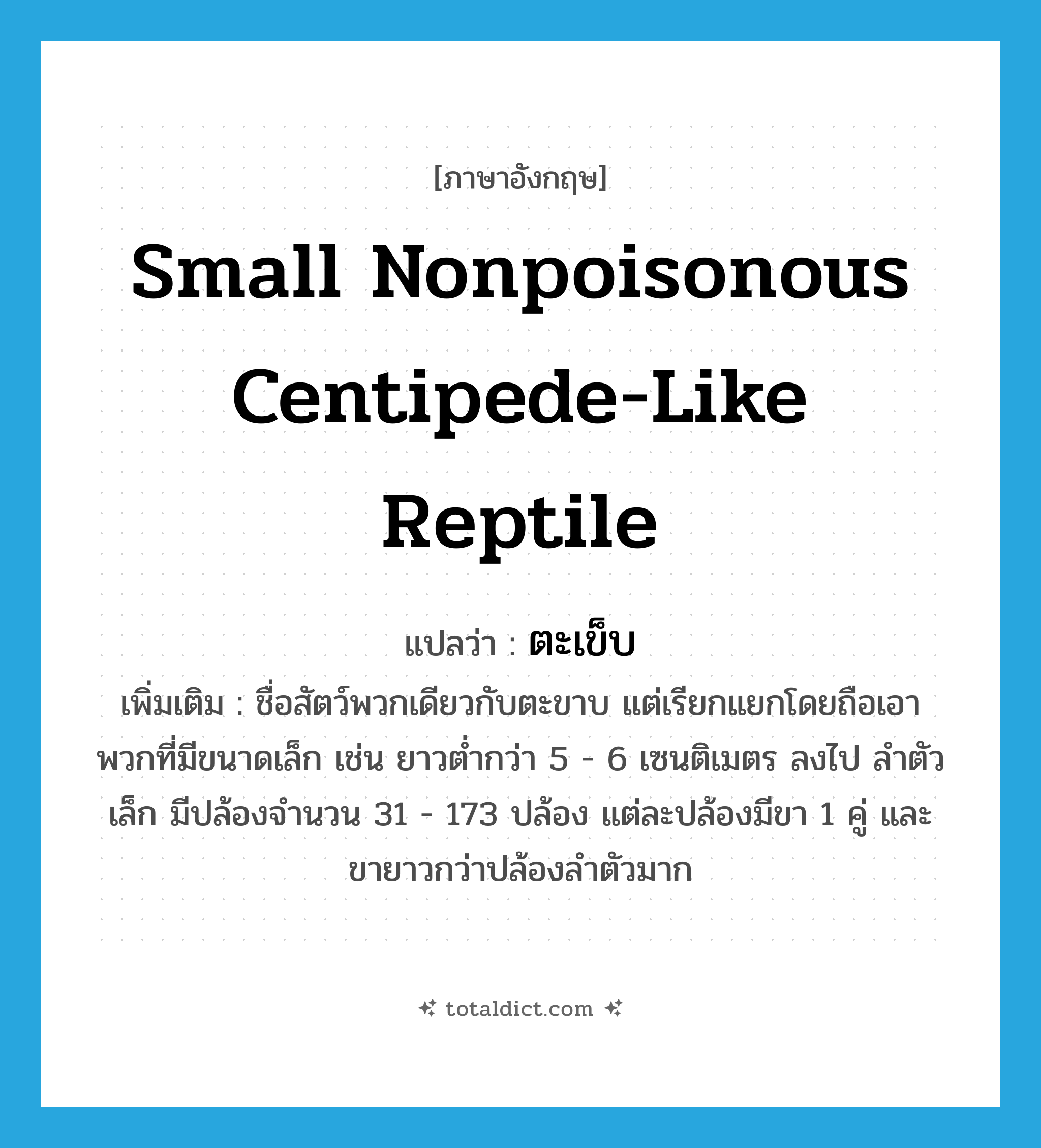 small nonpoisonous centipede-like reptile แปลว่า?, คำศัพท์ภาษาอังกฤษ small nonpoisonous centipede-like reptile แปลว่า ตะเข็บ ประเภท N เพิ่มเติม ชื่อสัตว์พวกเดียวกับตะขาบ แต่เรียกแยกโดยถือเอาพวกที่มีขนาดเล็ก เช่น ยาวต่ำกว่า 5 - 6 เซนติเมตร ลงไป ลำตัวเล็ก มีปล้องจำนวน 31 - 173 ปล้อง แต่ละปล้องมีขา 1 คู่ และขายาวกว่าปล้องลำตัวมาก หมวด N