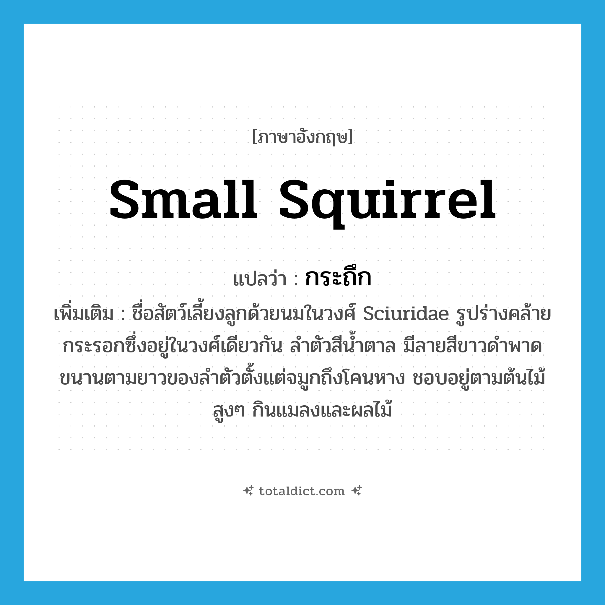 small squirrel แปลว่า?, คำศัพท์ภาษาอังกฤษ small squirrel แปลว่า กระถึก ประเภท N เพิ่มเติม ชื่อสัตว์เลี้ยงลูกด้วยนมในวงศ์ Sciuridae รูปร่างคล้ายกระรอกซึ่งอยู่ในวงศ์เดียวกัน ลำตัวสีน้ำตาล มีลายสีขาวดำพาดขนานตามยาวของลำตัวตั้งแต่จมูกถึงโคนหาง ชอบอยู่ตามต้นไม้สูงๆ กินแมลงและผลไม้ หมวด N