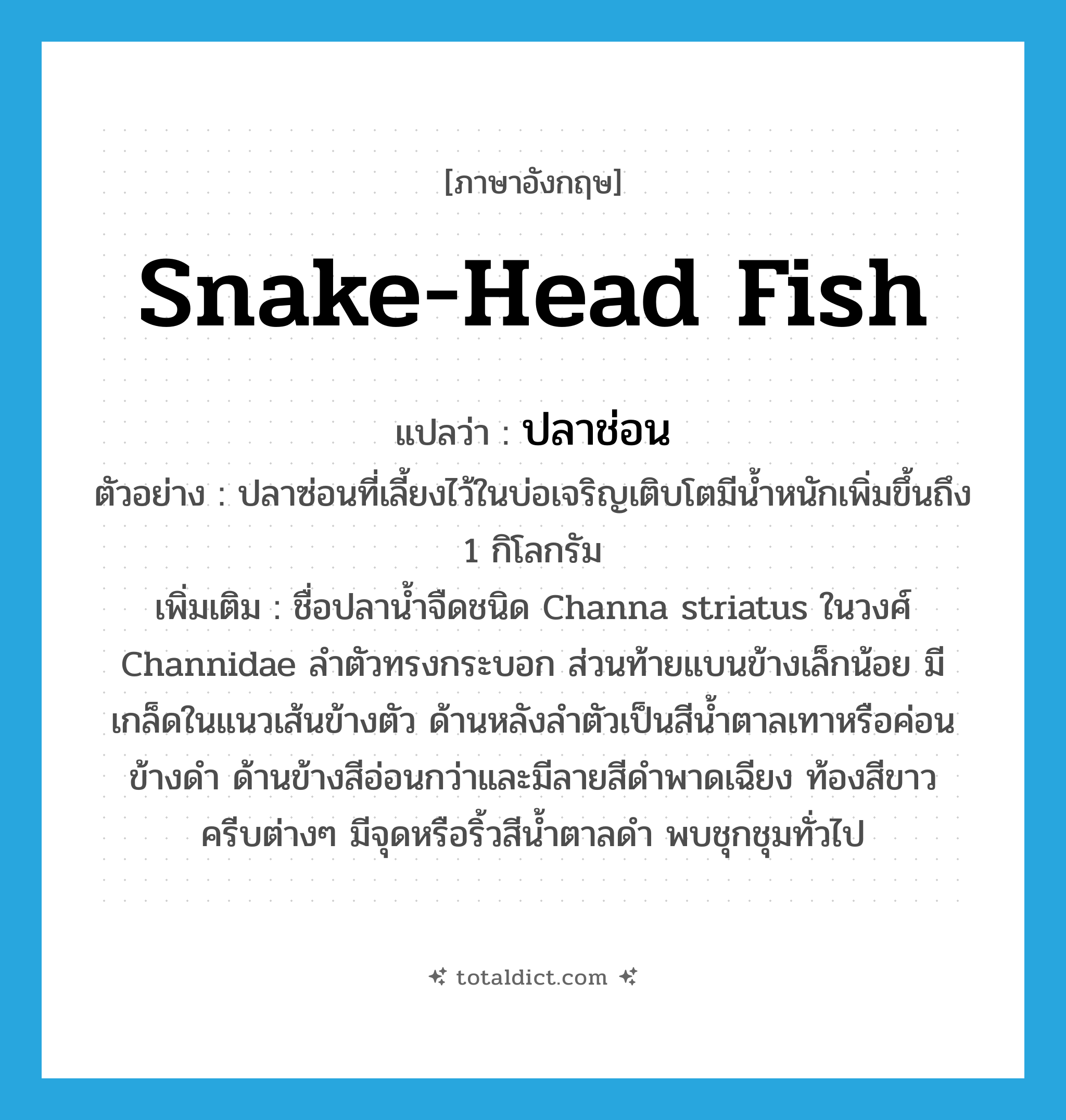snake-head fish แปลว่า?, คำศัพท์ภาษาอังกฤษ snake-head fish แปลว่า ปลาช่อน ประเภท N ตัวอย่าง ปลาซ่อนที่เลี้ยงไว้ในบ่อเจริญเติบโตมีน้ำหนักเพิ่มขึ้นถึง 1 กิโลกรัม เพิ่มเติม ชื่อปลาน้ำจืดชนิด Channa striatus ในวงศ์ Channidae ลำตัวทรงกระบอก ส่วนท้ายแบนข้างเล็กน้อย มีเกล็ดในแนวเส้นข้างตัว ด้านหลังลำตัวเป็นสีน้ำตาลเทาหรือค่อนข้างดำ ด้านข้างสีอ่อนกว่าและมีลายสีดำพาดเฉียง ท้องสีขาว ครีบต่างๆ มีจุดหรือริ้วสีน้ำตาลดำ พบชุกชุมทั่วไป หมวด N