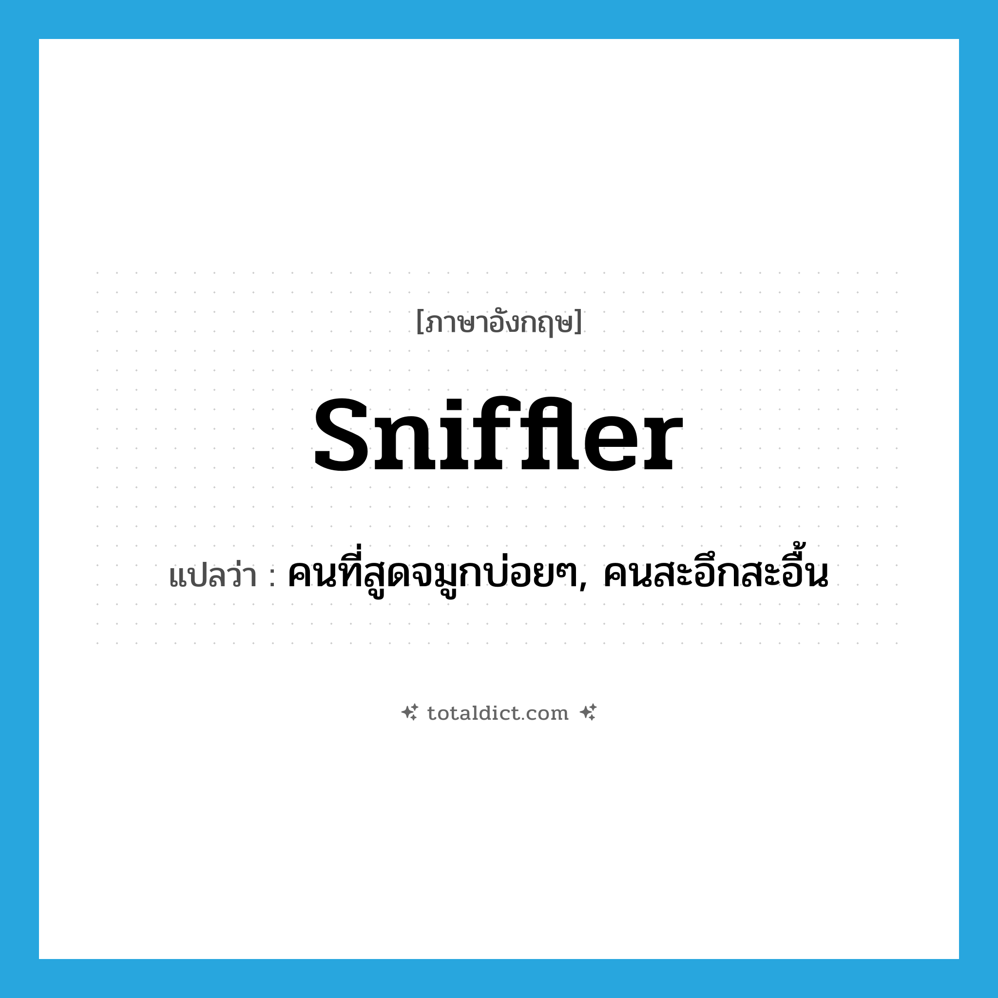 sniffler แปลว่า?, คำศัพท์ภาษาอังกฤษ sniffler แปลว่า คนที่สูดจมูกบ่อยๆ, คนสะอึกสะอื้น ประเภท N หมวด N