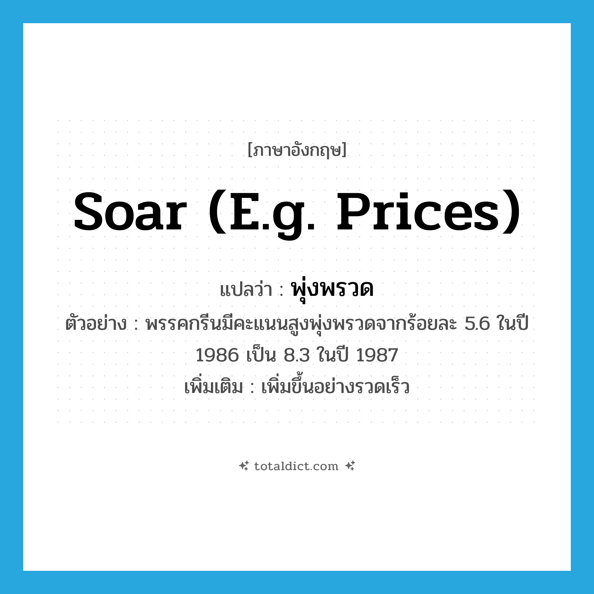 พุ่งพรวด ภาษาอังกฤษ?, คำศัพท์ภาษาอังกฤษ พุ่งพรวด แปลว่า soar (e.g. prices) ประเภท V ตัวอย่าง พรรคกรีนมีคะแนนสูงพุ่งพรวดจากร้อยละ 5.6 ในปี 1986 เป็น 8.3 ในปี 1987 เพิ่มเติม เพิ่มขึ้นอย่างรวดเร็ว หมวด V
