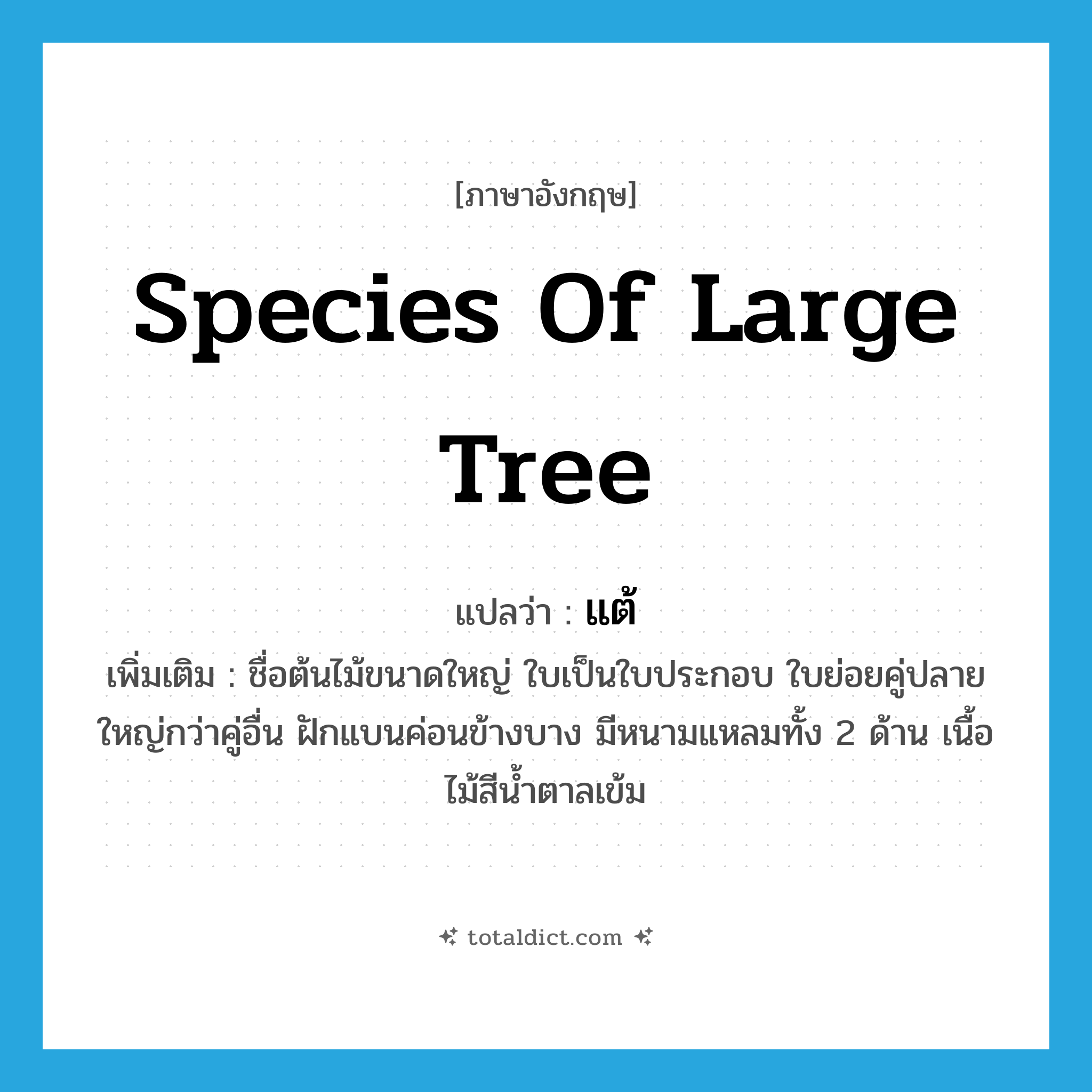 แต้ ภาษาอังกฤษ?, คำศัพท์ภาษาอังกฤษ แต้ แปลว่า species of large tree ประเภท N เพิ่มเติม ชื่อต้นไม้ขนาดใหญ่ ใบเป็นใบประกอบ ใบย่อยคู่ปลายใหญ่กว่าคู่อื่น ฝักแบนค่อนข้างบาง มีหนามแหลมทั้ง 2 ด้าน เนื้อไม้สีน้ำตาลเข้ม หมวด N