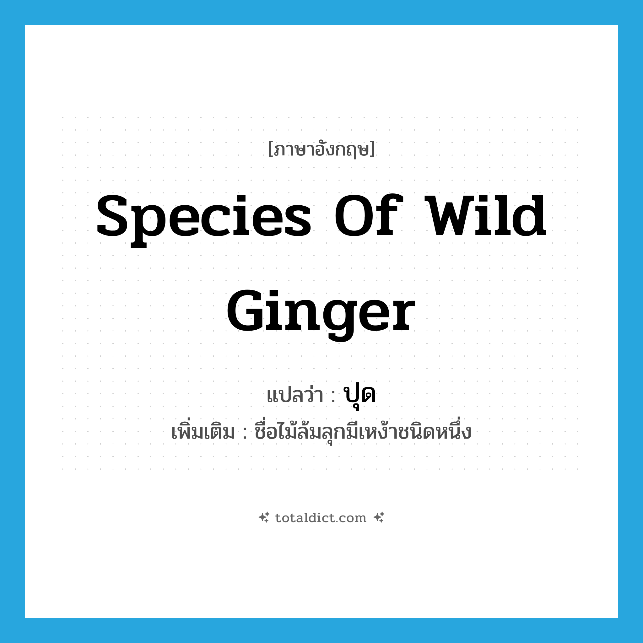 species of wild ginger แปลว่า?, คำศัพท์ภาษาอังกฤษ species of wild ginger แปลว่า ปุด ประเภท N เพิ่มเติม ชื่อไม้ล้มลุกมีเหง้าชนิดหนึ่ง หมวด N