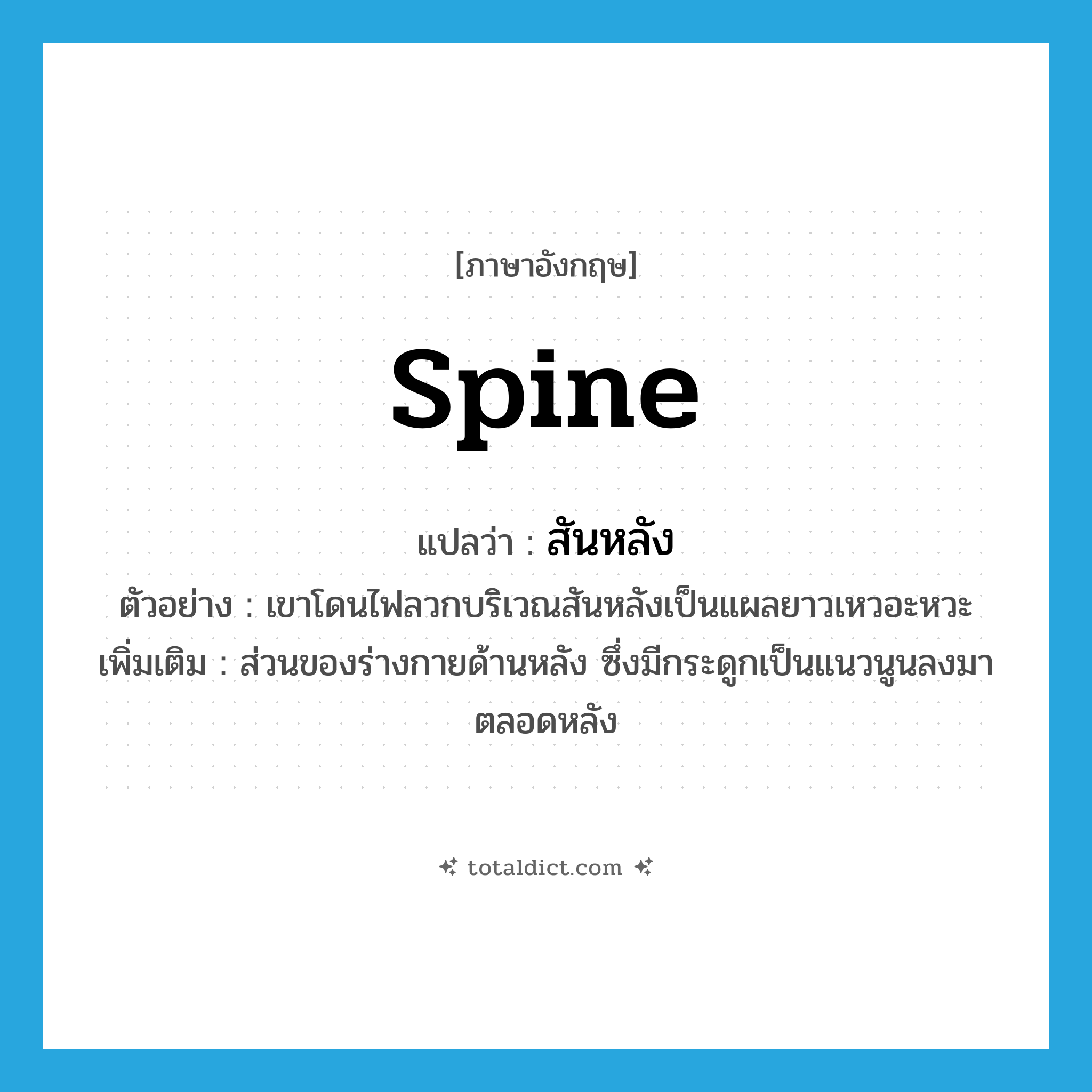spine แปลว่า?, คำศัพท์ภาษาอังกฤษ spine แปลว่า สันหลัง ประเภท N ตัวอย่าง เขาโดนไฟลวกบริเวณสันหลังเป็นแผลยาวเหวอะหวะ เพิ่มเติม ส่วนของร่างกายด้านหลัง ซึ่งมีกระดูกเป็นแนวนูนลงมาตลอดหลัง หมวด N