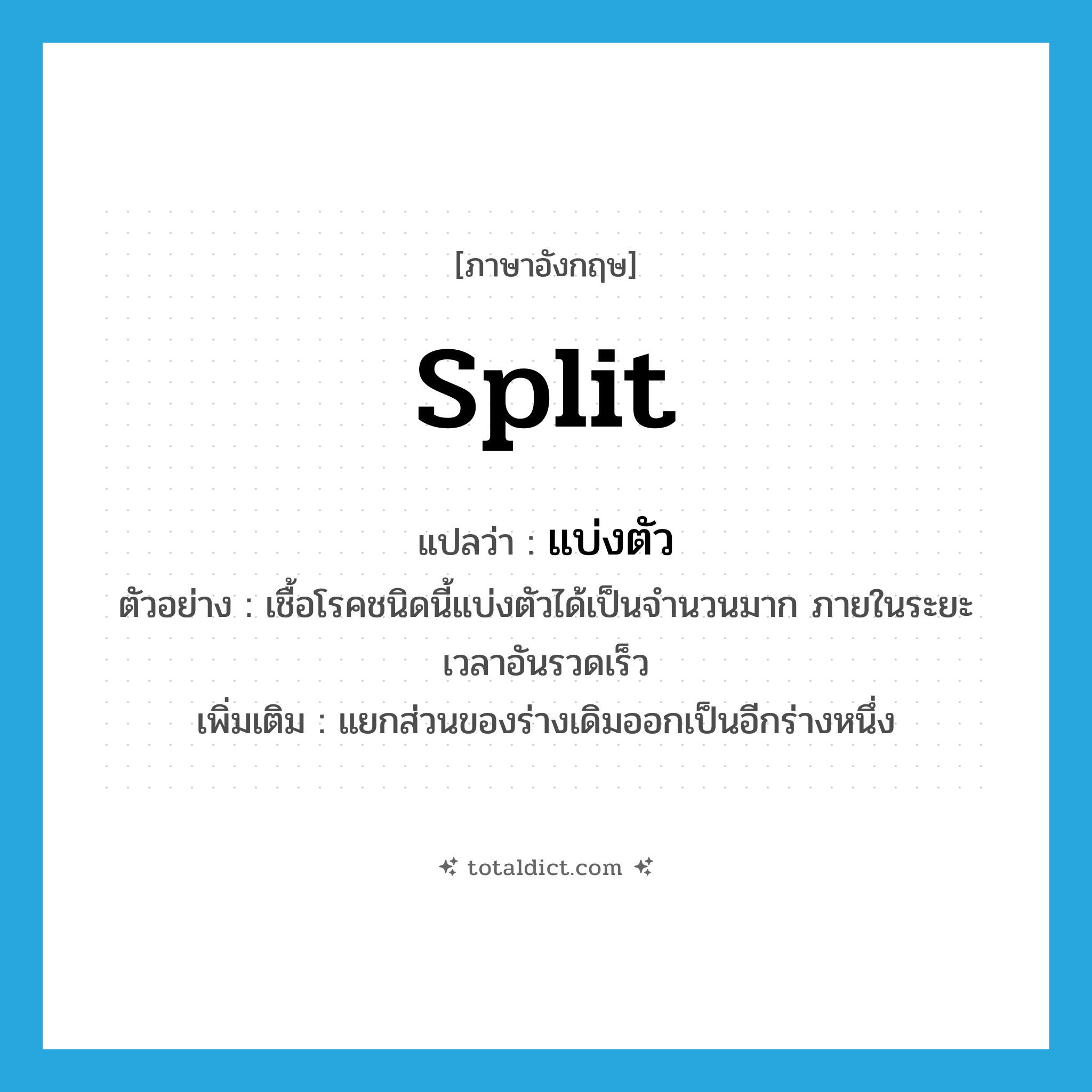 split แปลว่า?, คำศัพท์ภาษาอังกฤษ split แปลว่า แบ่งตัว ประเภท V ตัวอย่าง เชื้อโรคชนิดนี้แบ่งตัวได้เป็นจำนวนมาก ภายในระยะเวลาอันรวดเร็ว เพิ่มเติม แยกส่วนของร่างเดิมออกเป็นอีกร่างหนึ่ง หมวด V
