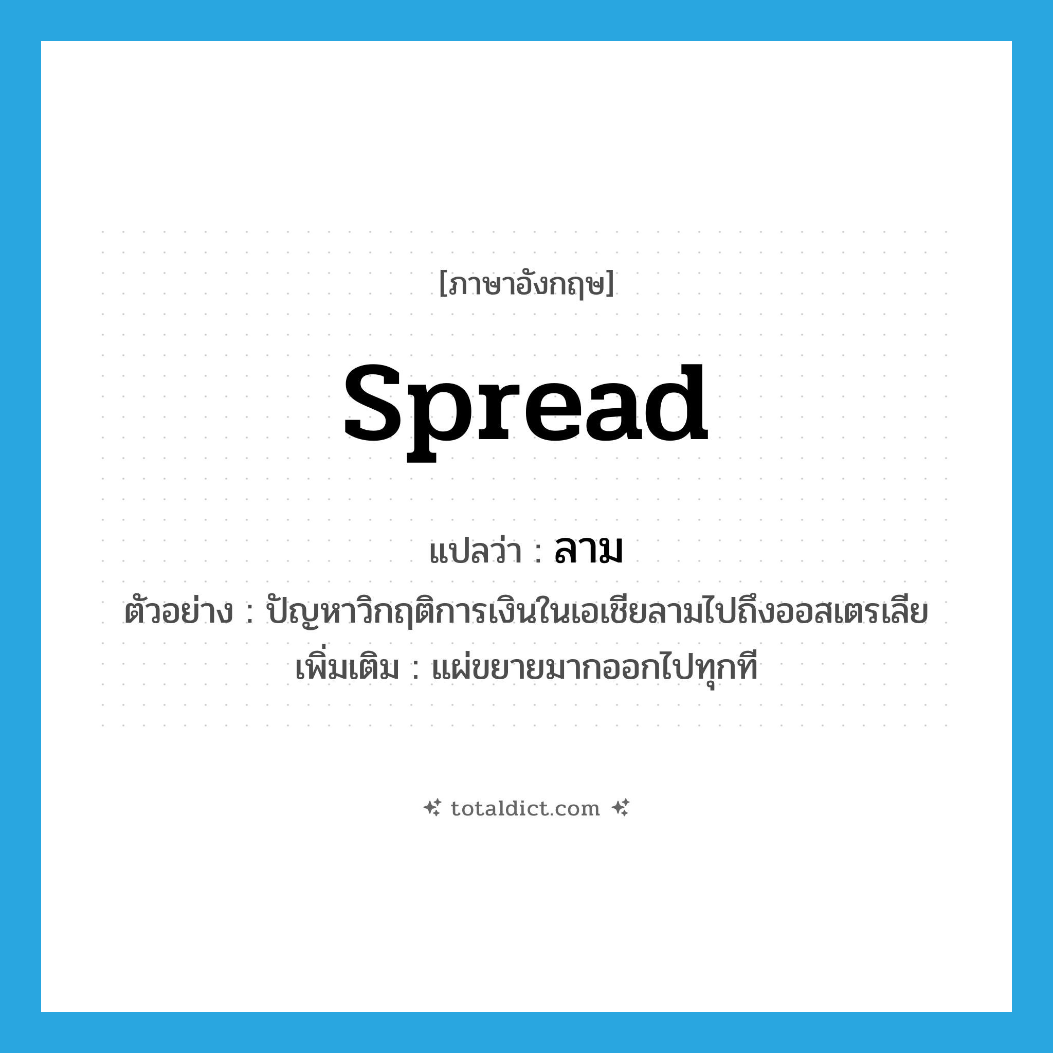 ลาม ภาษาอังกฤษ?, คำศัพท์ภาษาอังกฤษ ลาม แปลว่า spread ประเภท V ตัวอย่าง ปัญหาวิกฤติการเงินในเอเชียลามไปถึงออสเตรเลีย เพิ่มเติม แผ่ขยายมากออกไปทุกที หมวด V