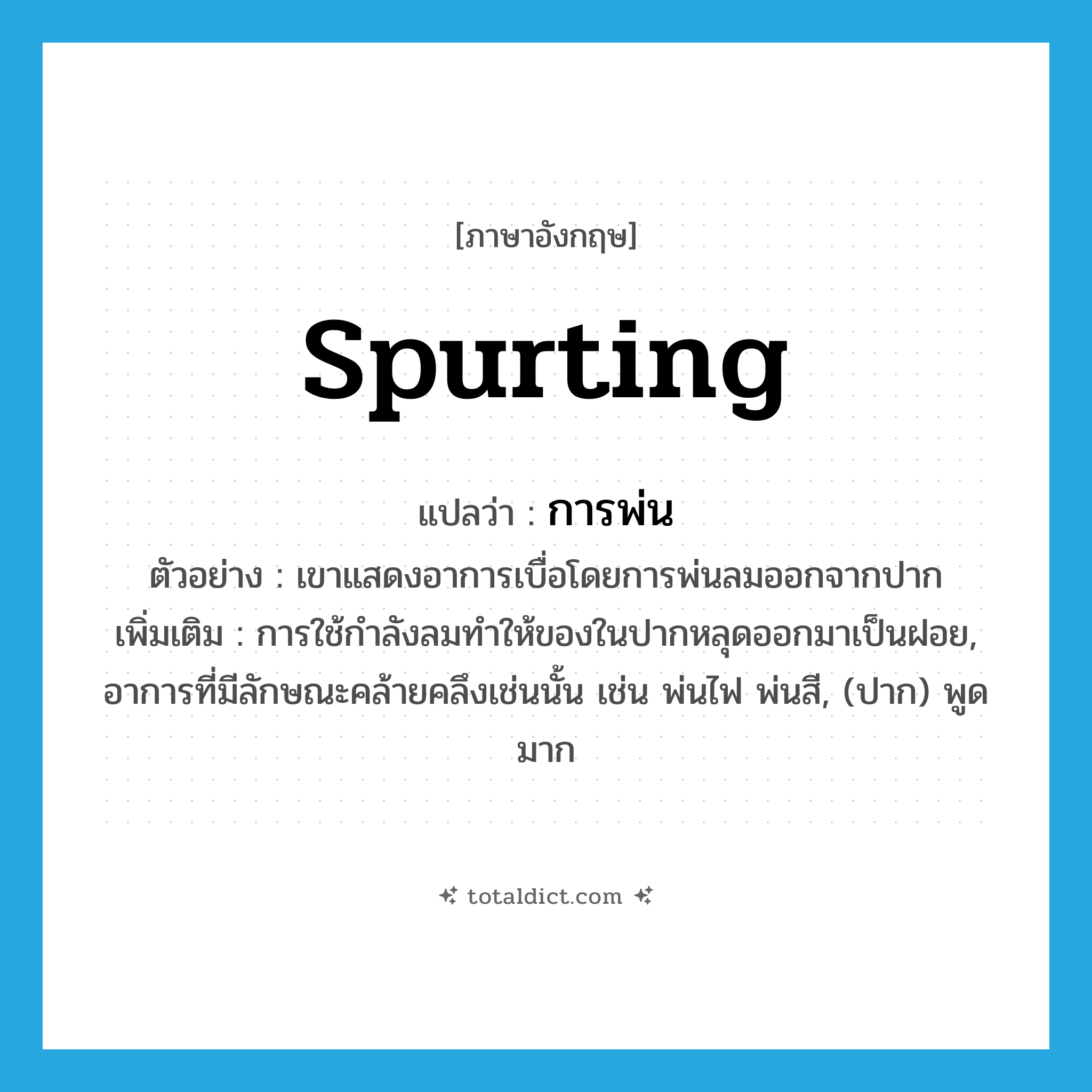 spurting แปลว่า?, คำศัพท์ภาษาอังกฤษ spurting แปลว่า การพ่น ประเภท N ตัวอย่าง เขาแสดงอาการเบื่อโดยการพ่นลมออกจากปาก เพิ่มเติม การใช้กำลังลมทำให้ของในปากหลุดออกมาเป็นฝอย, อาการที่มีลักษณะคล้ายคลึงเช่นนั้น เช่น พ่นไฟ พ่นสี, (ปาก) พูดมาก หมวด N
