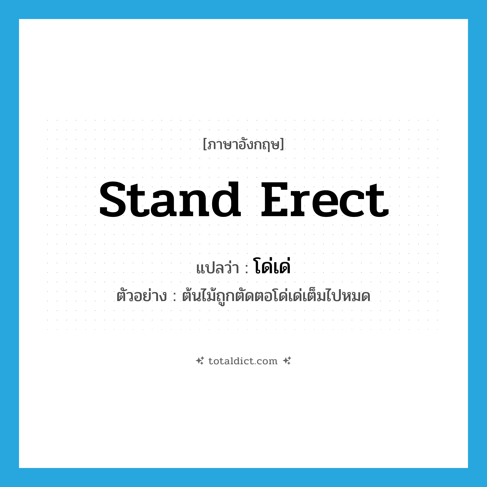 stand erect แปลว่า?, คำศัพท์ภาษาอังกฤษ stand erect แปลว่า โด่เด่ ประเภท V ตัวอย่าง ต้นไม้ถูกตัดตอโด่เด่เต็มไปหมด หมวด V